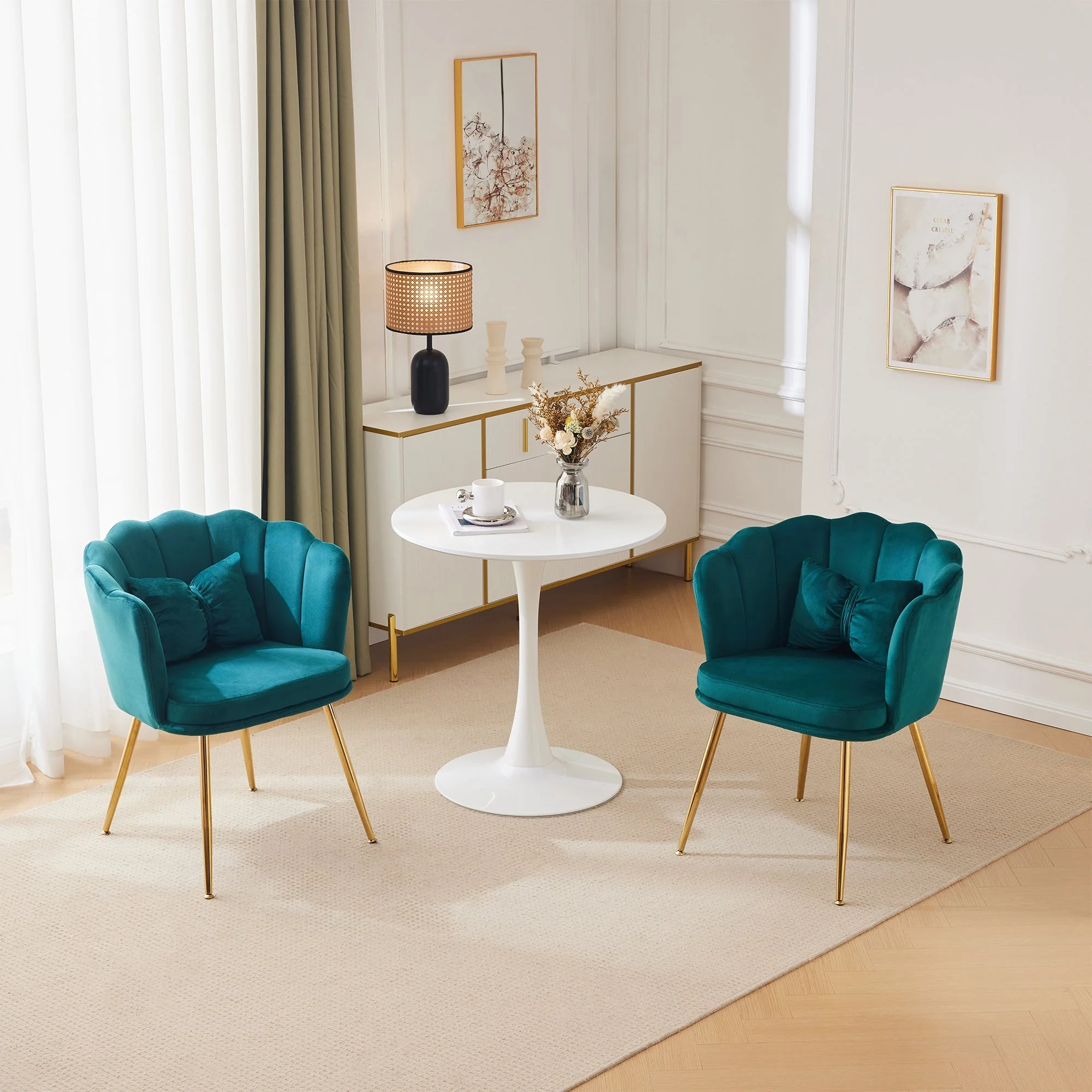 Velvet Chairs, Set of 2 Modern Upholstered with Petal Back & Butterfly Cushion, Gold Metal Legs