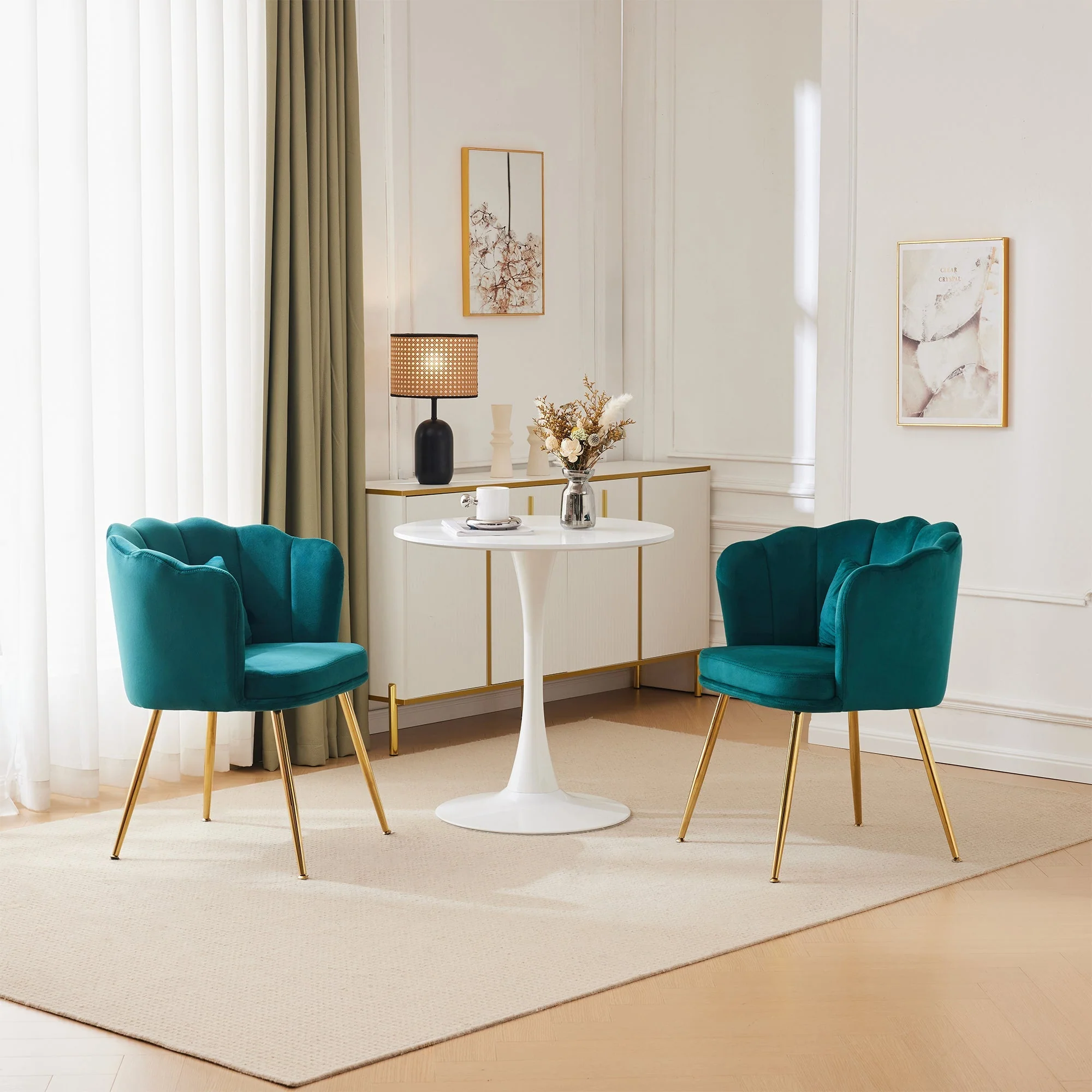 Velvet Chairs, Set of 2 Modern Upholstered with Petal Back & Butterfly Cushion, Gold Metal Legs - Image 2