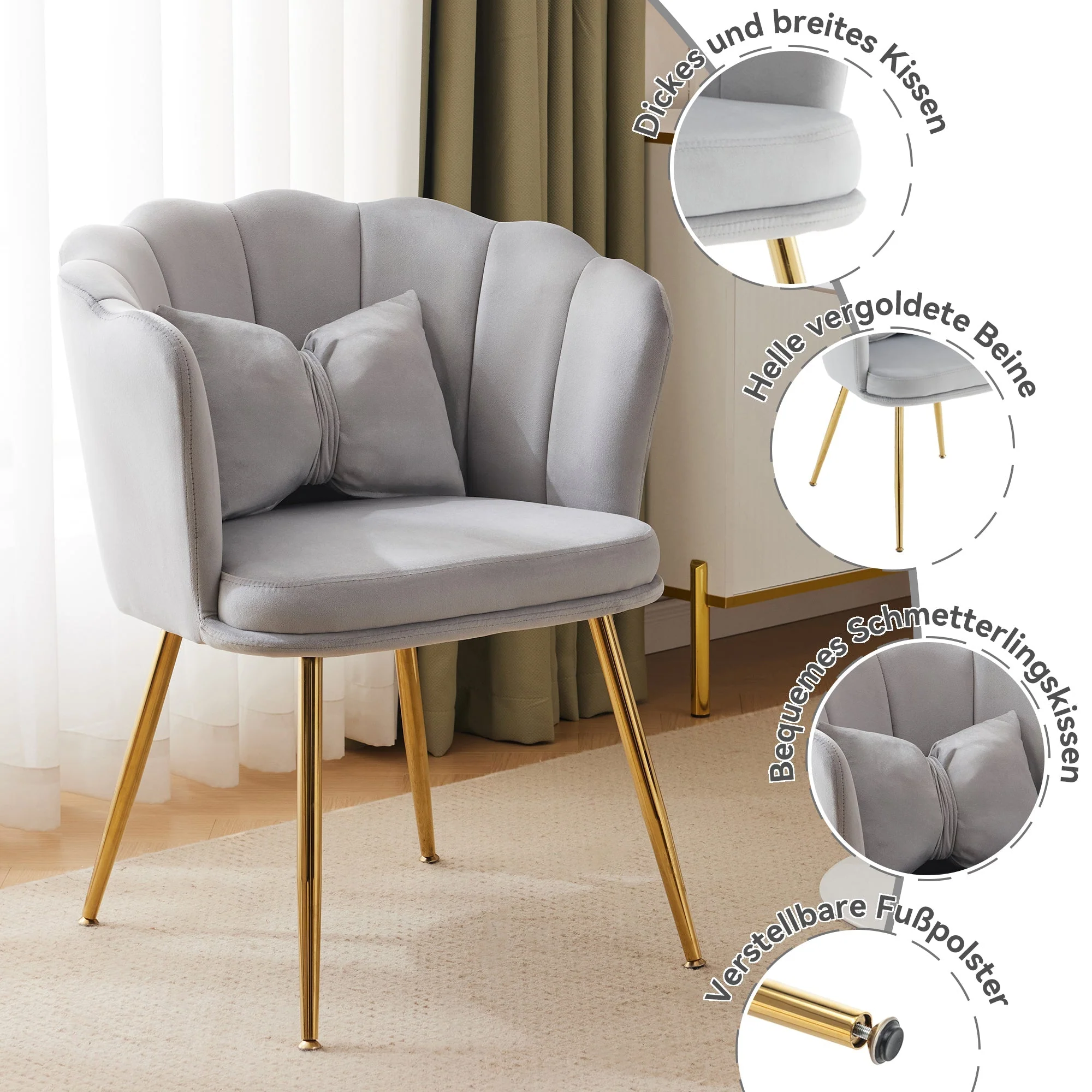 Velvet Chairs, Set of 2 Modern Upholstered with Petal Backs & Butterfly Cushions, Gold Metal Legs - Image 6
