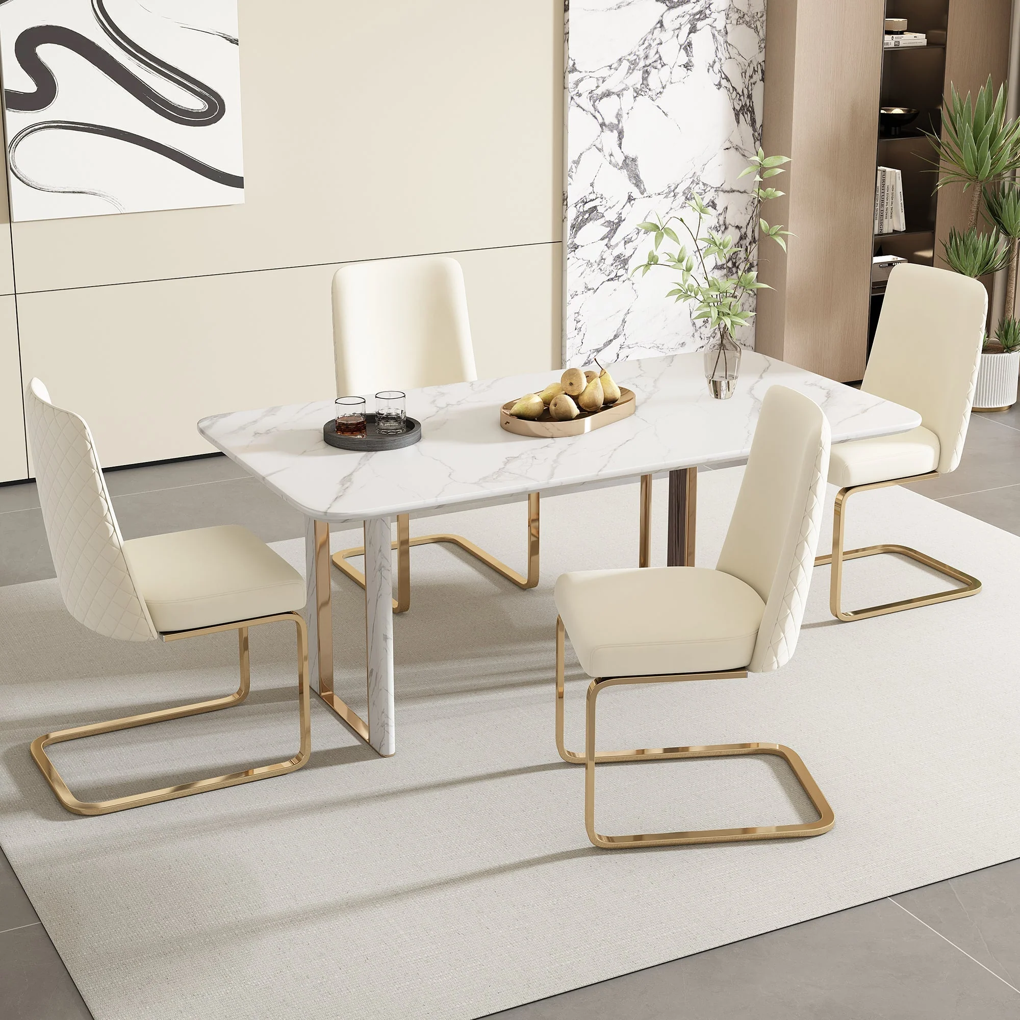 Velvet Dining Chair Set of 2 Diamond Back Gold Legs - Beige - Image 5