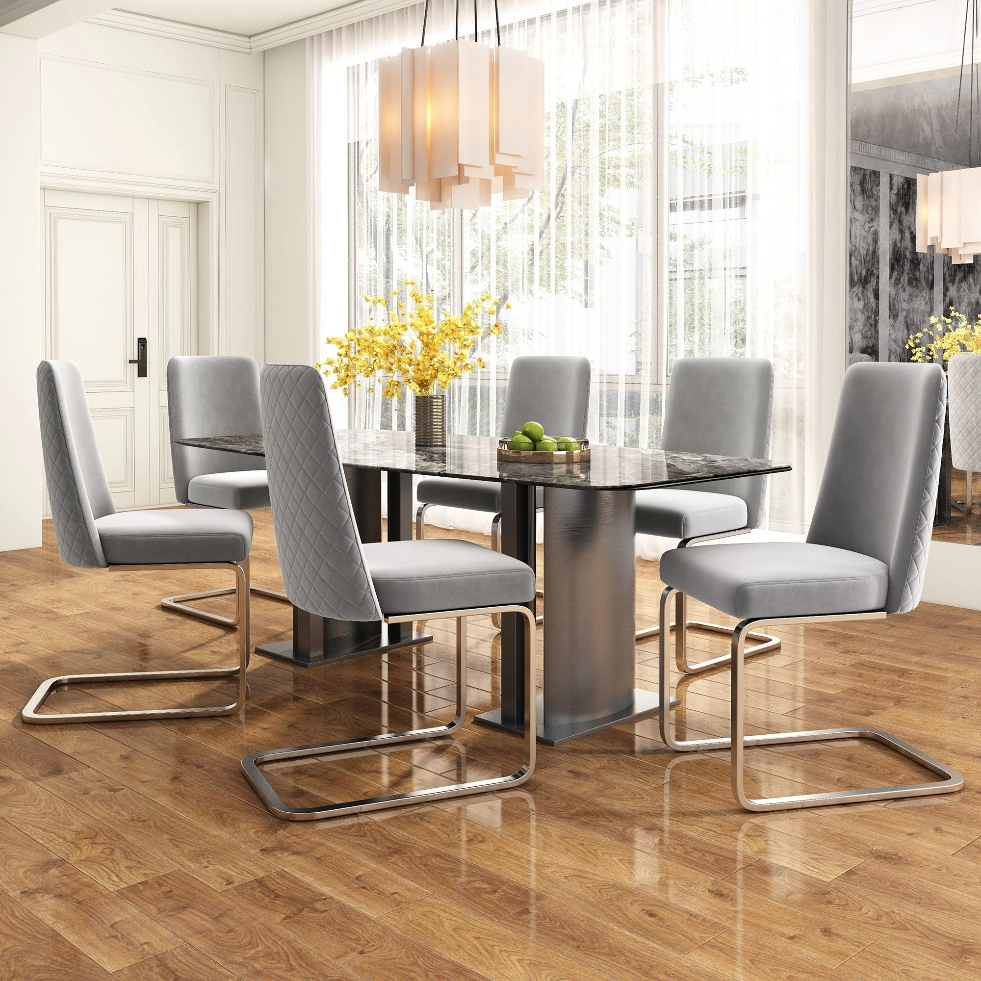 Velvet Dining Chair Set of 2 Diamond Back Silver Legs - Grey - Image 3
