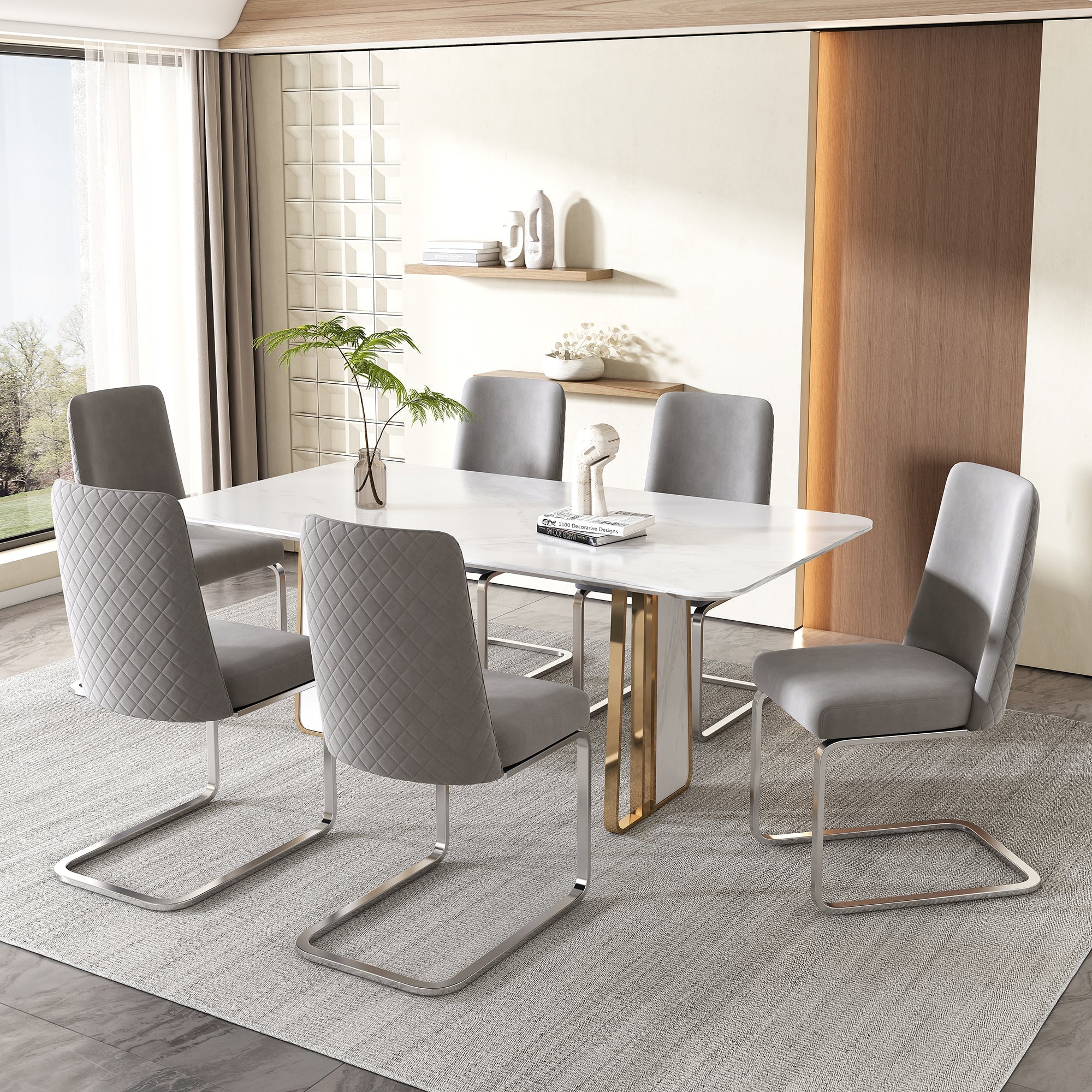 Velvet Dining Chair Set of 2 Diamond Back Silver Legs - Grey - Image 4