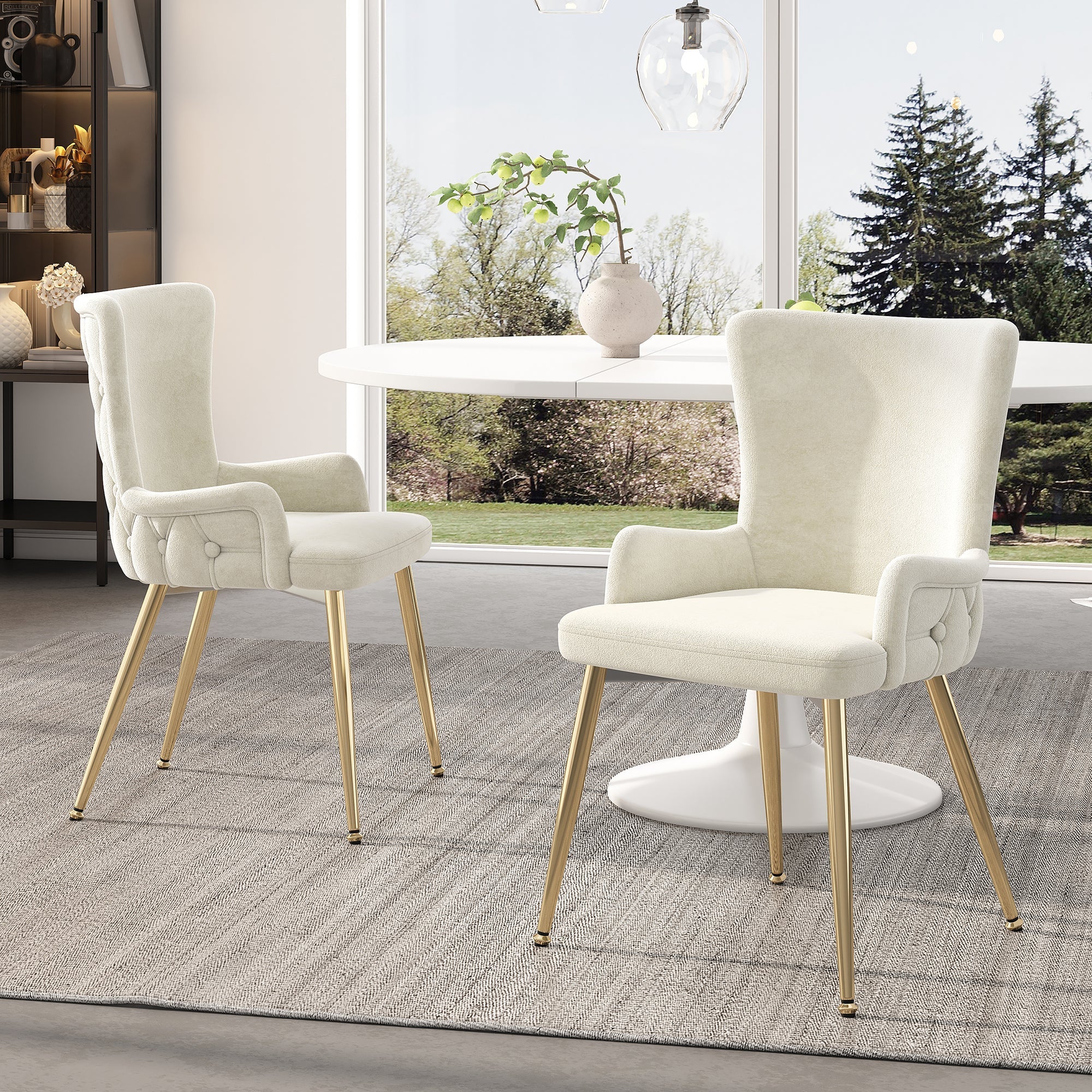 Velvet Dining Chair, Set of 2, Luxurious Lounge Chair with Gold Metal Legs, Beige