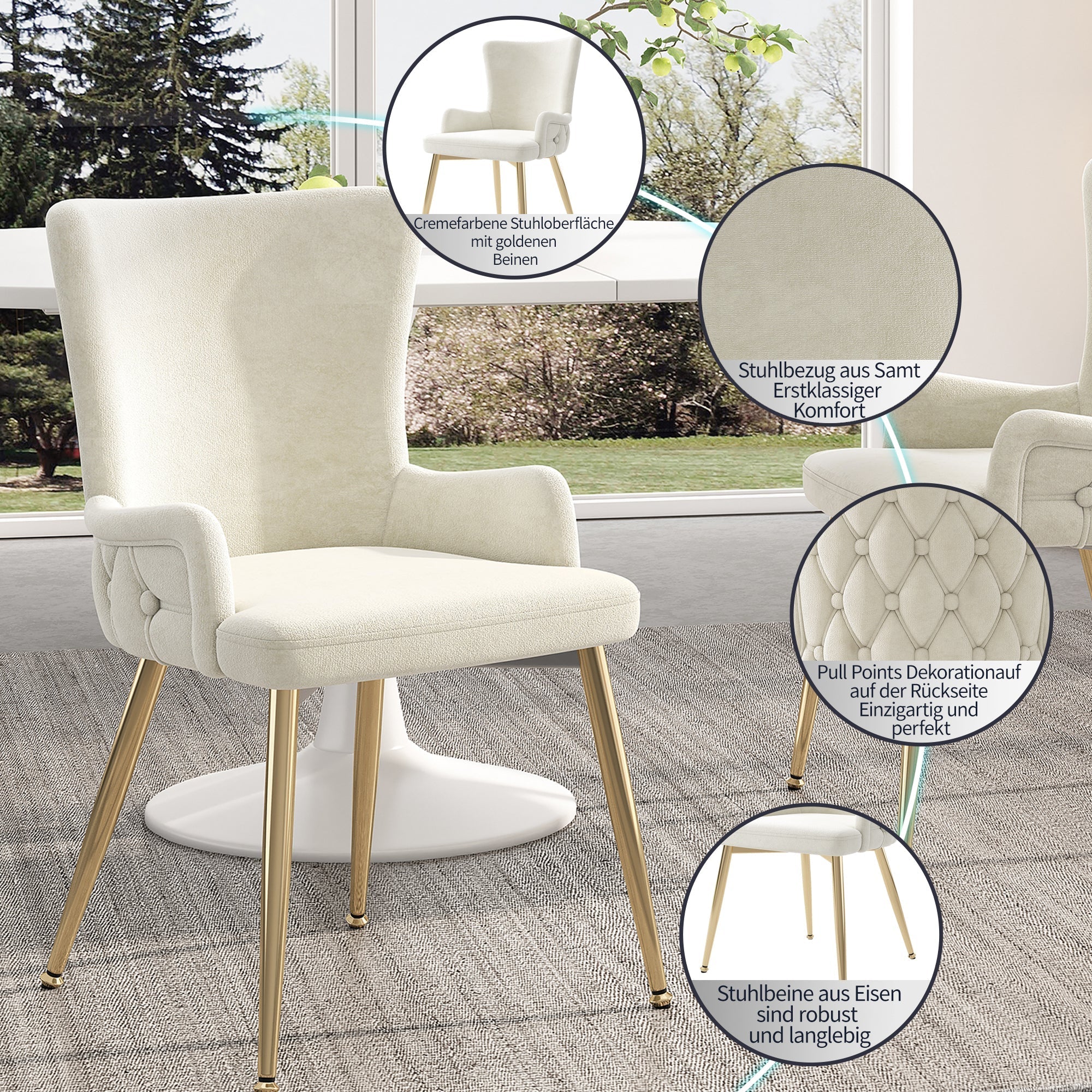Velvet Dining Chair, Set of 2, Luxurious Lounge Chair with Gold Metal Legs, Beige - Image 4