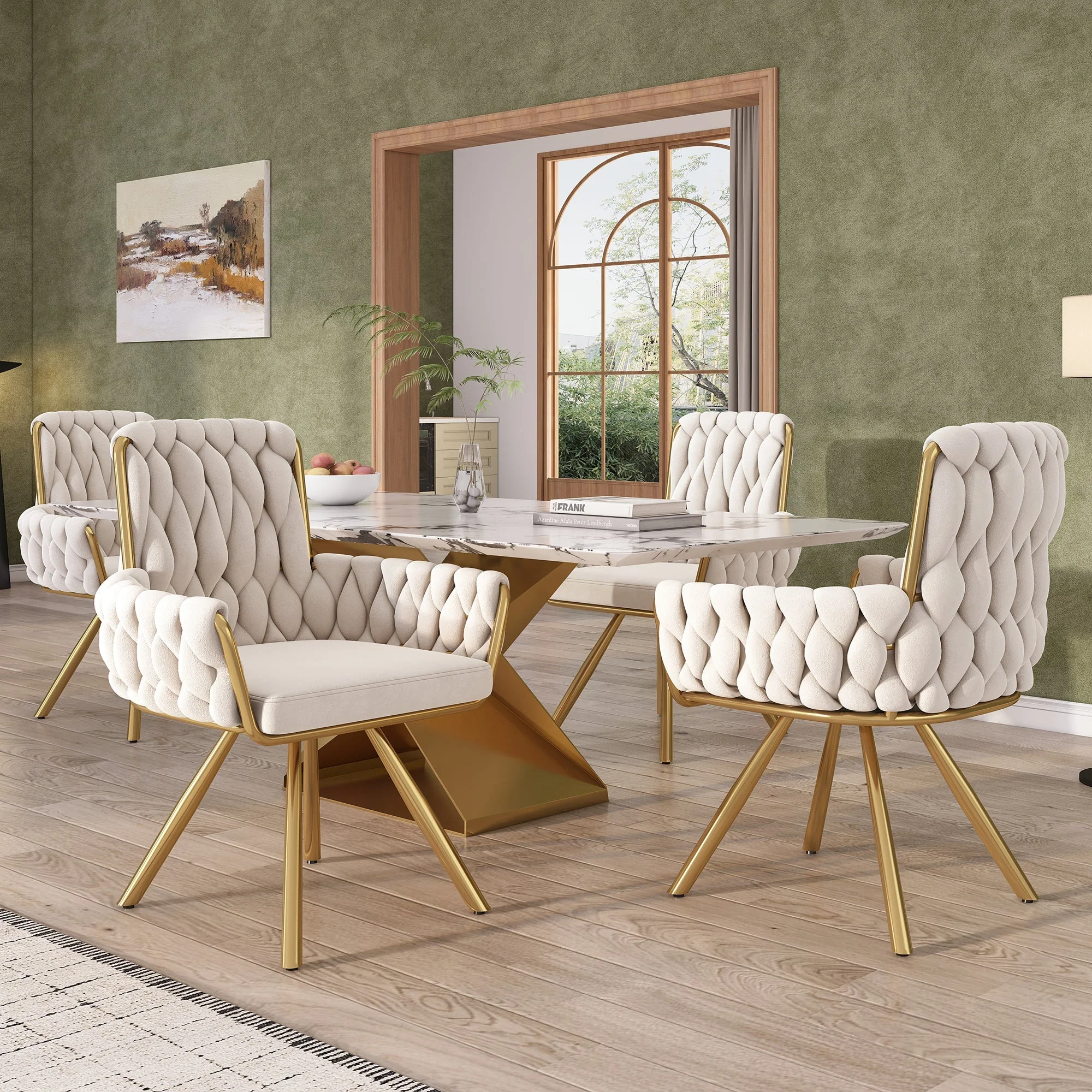 Velvet Dining Chair Set of 2, Luxury Swivel Armchair with Metal Legs, Beige - Image 3
