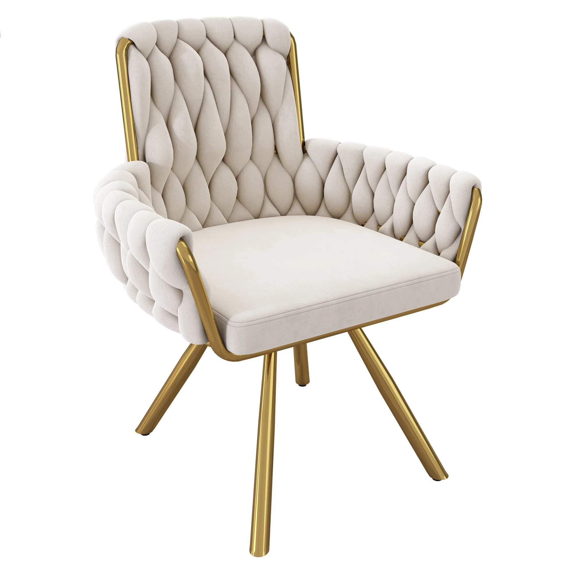 Velvet Dining Chair Set of 2, Luxury Swivel Armchair with Metal Legs, Beige - Image 7