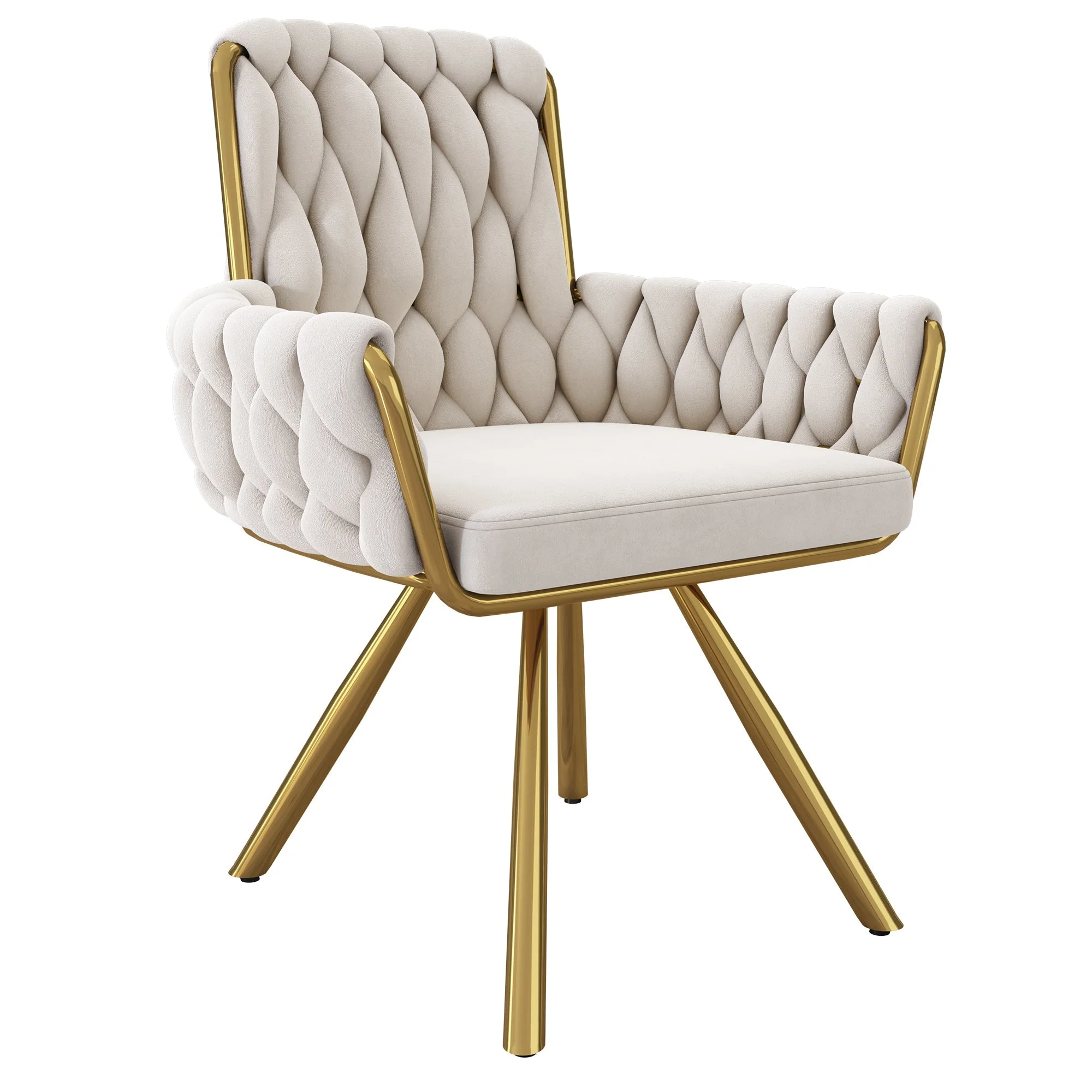 Velvet Dining Chair Set of 2, Luxury Swivel Armchair with Metal Legs, Beige - Image 8