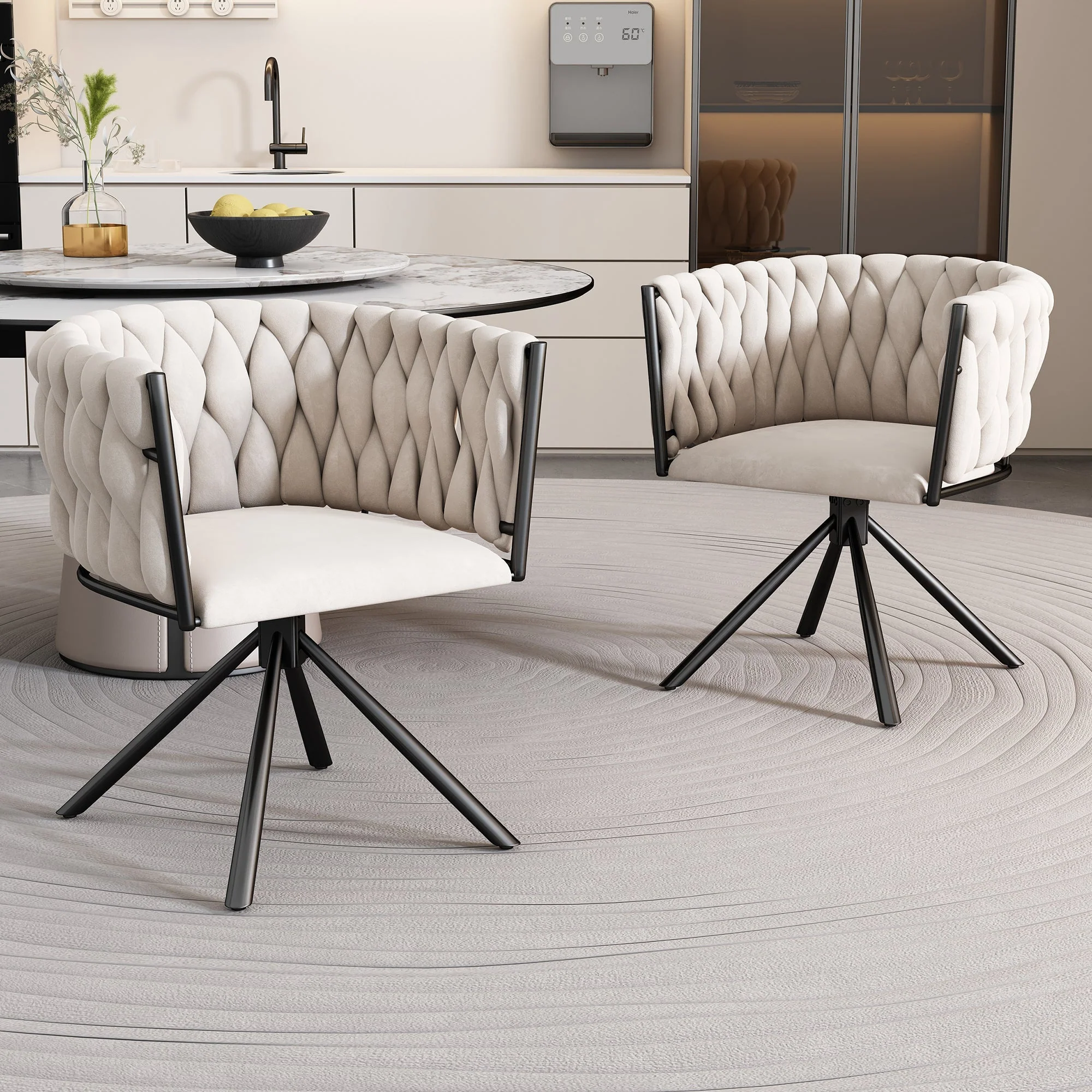 Velvet Dining Chair, Set of 2 Luxury Swivel Chairs with Metal Legs, Beige - Image 2
