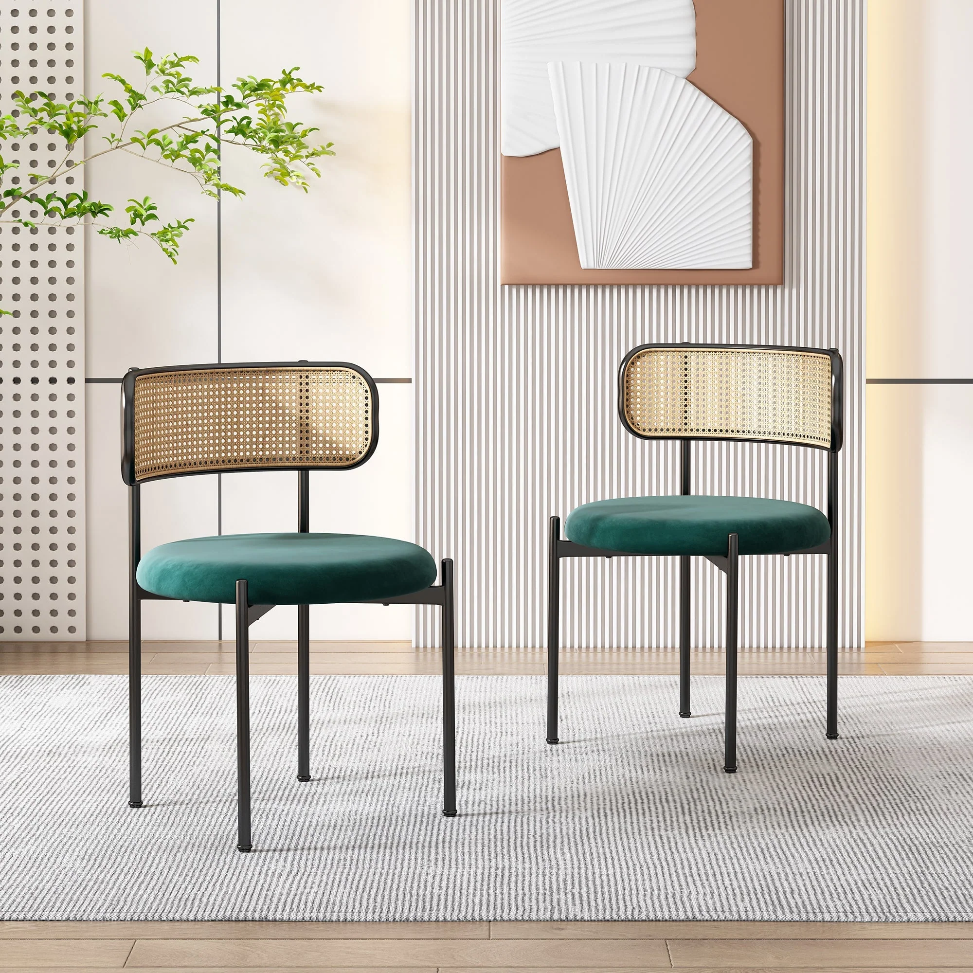 Velvet Dining Chair Set of 2 Modern Rattan Metal Legs - Green - Image 2