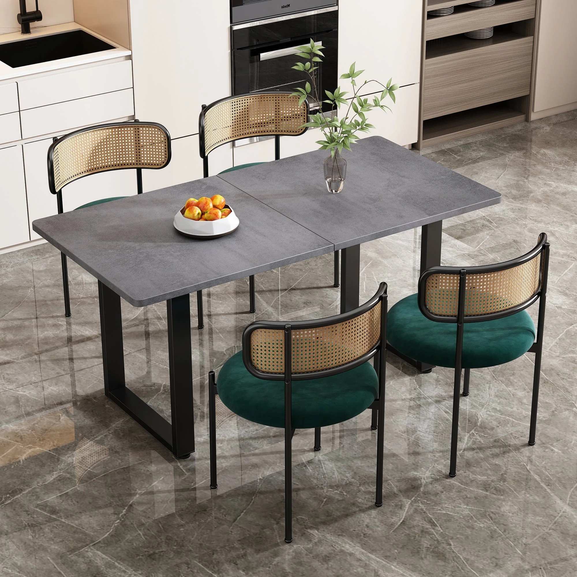 Velvet Dining Chair Set of 2 Modern Rattan Metal Legs - Green - Image 3