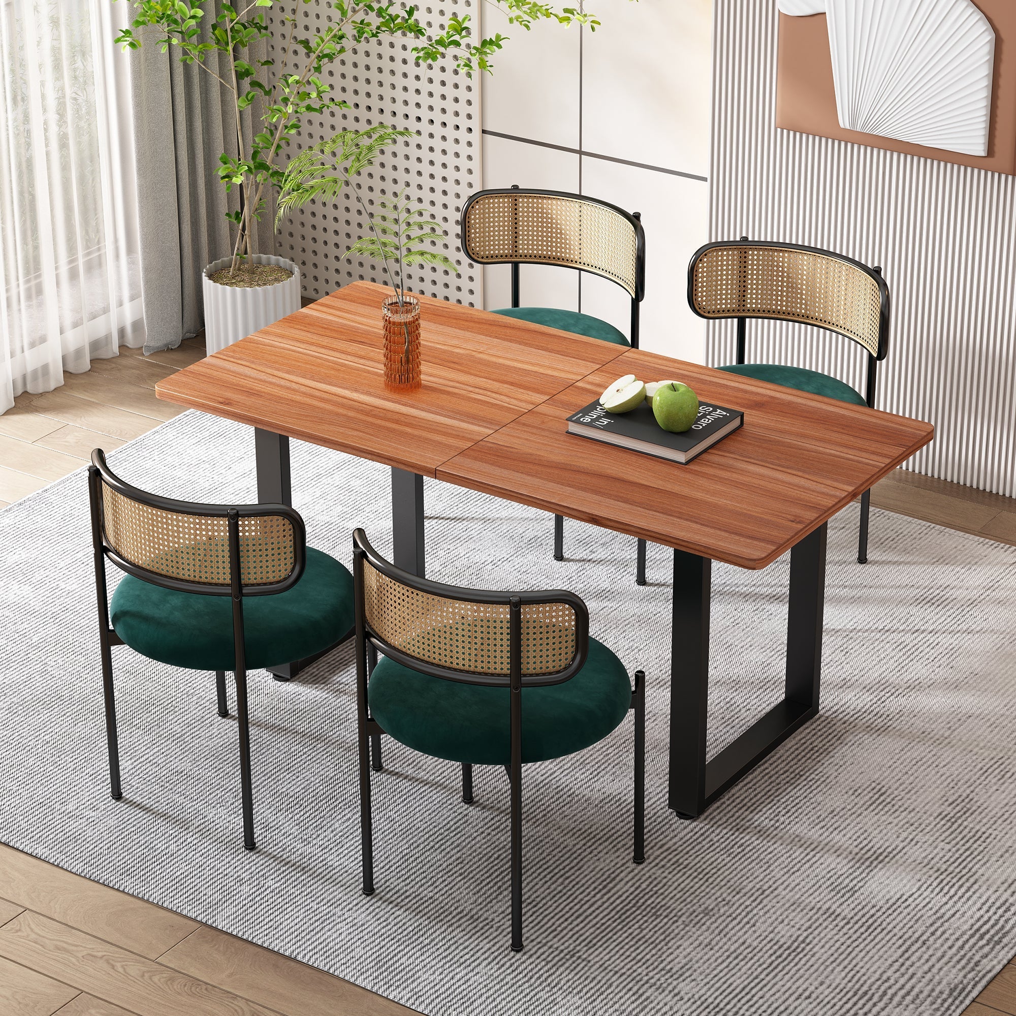 Velvet Dining Chair Set of 2 Modern Rattan Metal Legs - Green - Image 4