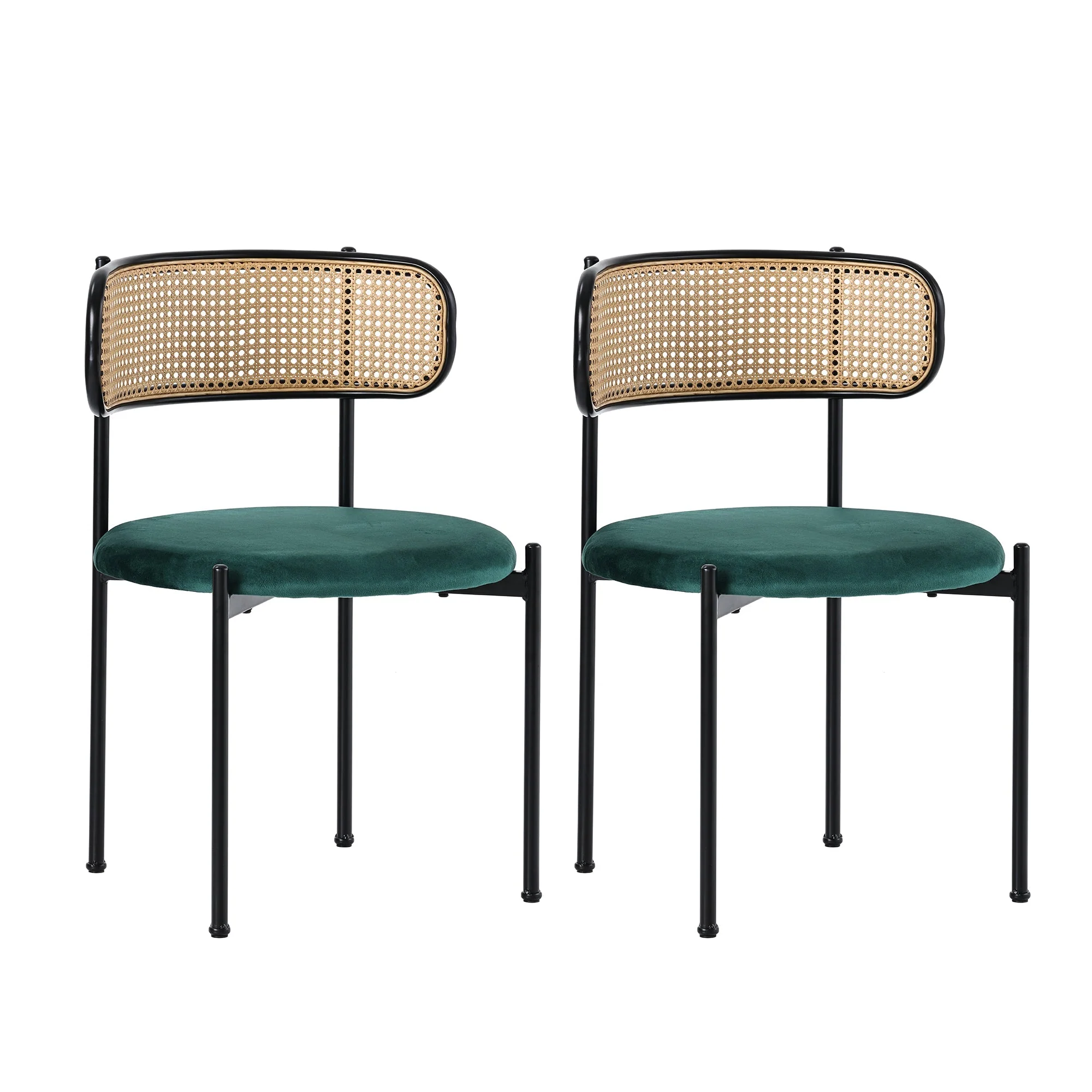 Velvet Dining Chair Set of 2 Modern Rattan Metal Legs - Green - Image 6