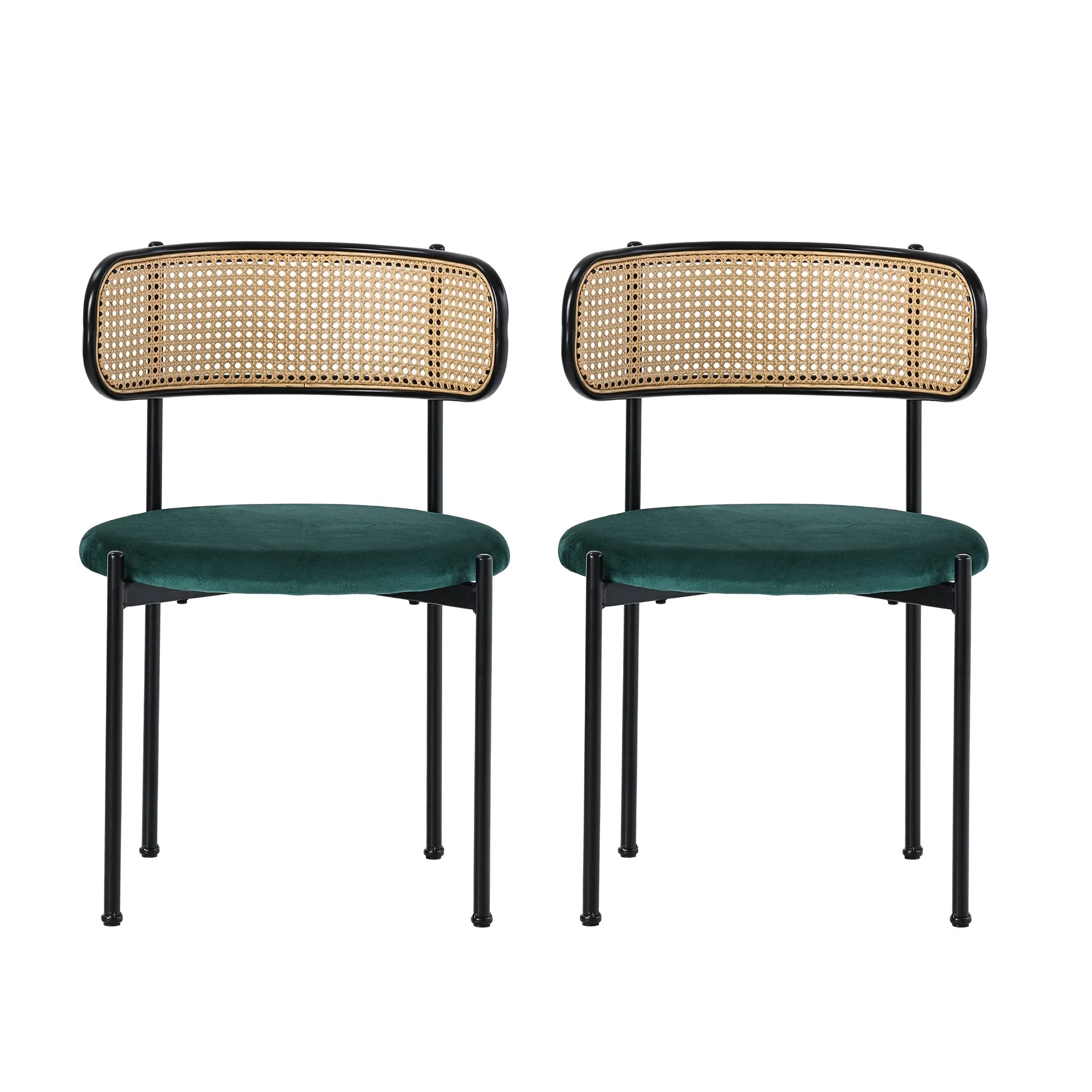 Velvet Dining Chair Set of 2 Modern Rattan Metal Legs - Green - Image 7
