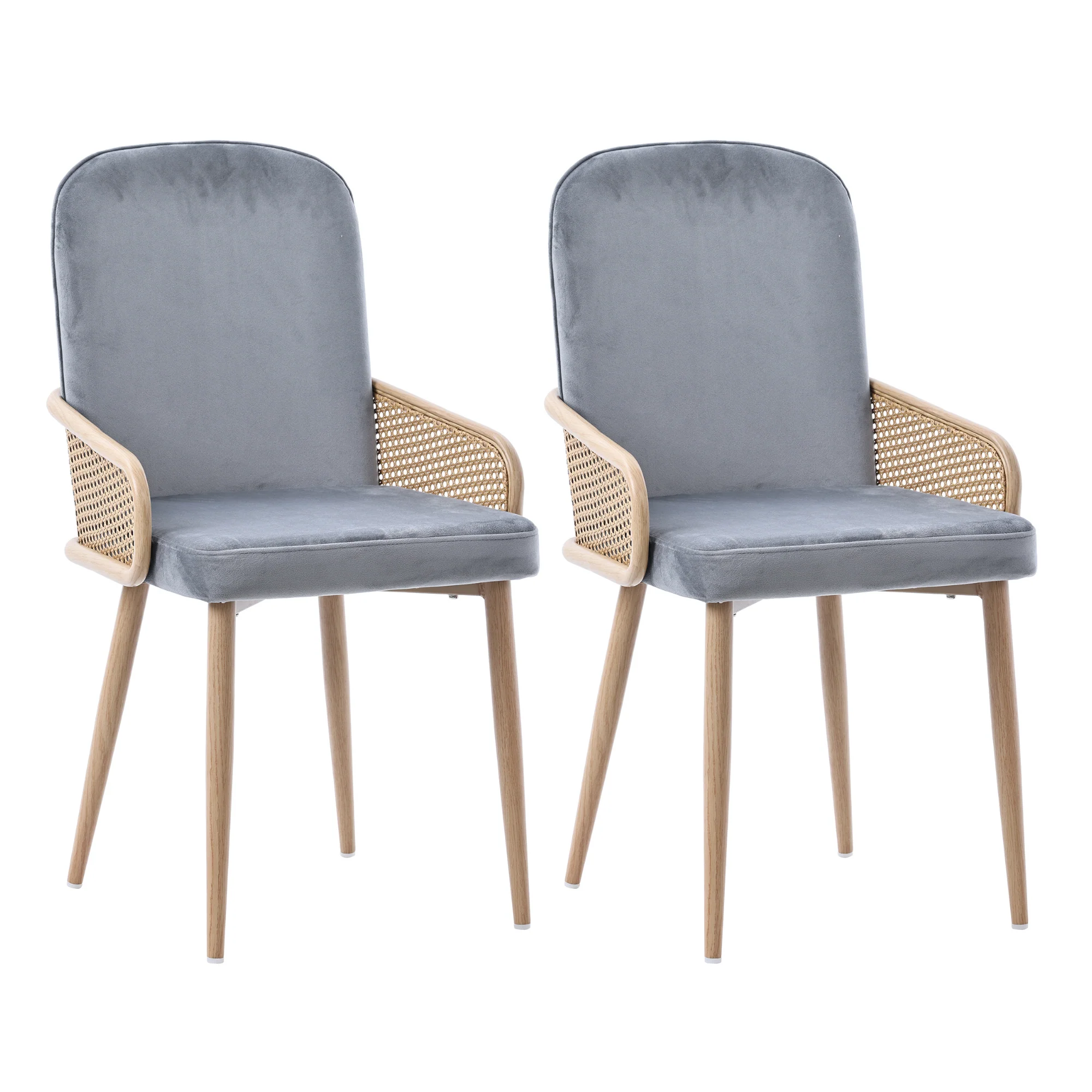 Velvet Dining Chair Set of 2 Rattan Design Metal Legs Grey - Image 4