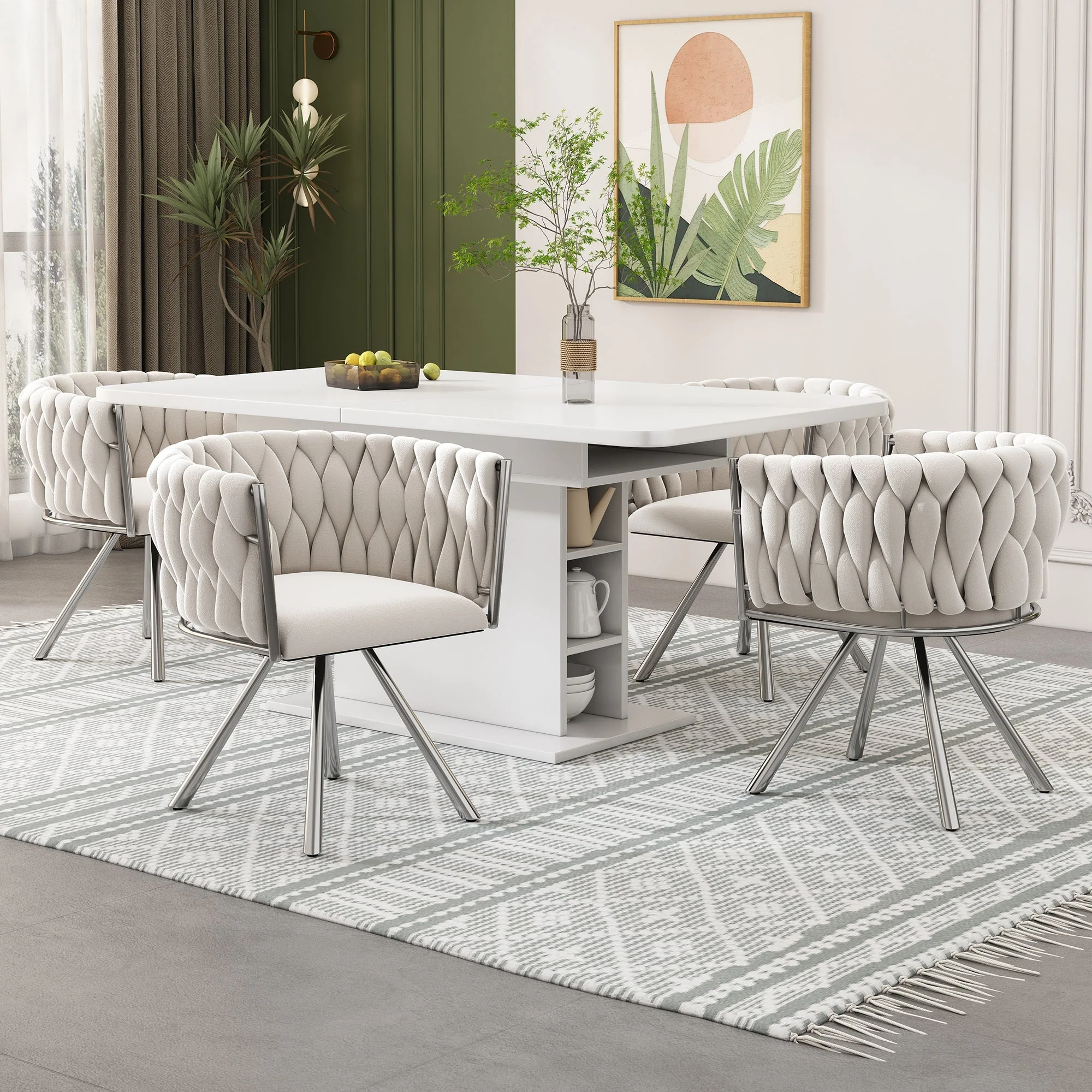 Velvet Dining Chair Set of 2 Swivel Metal Legs - Beige/Silver - Image 2