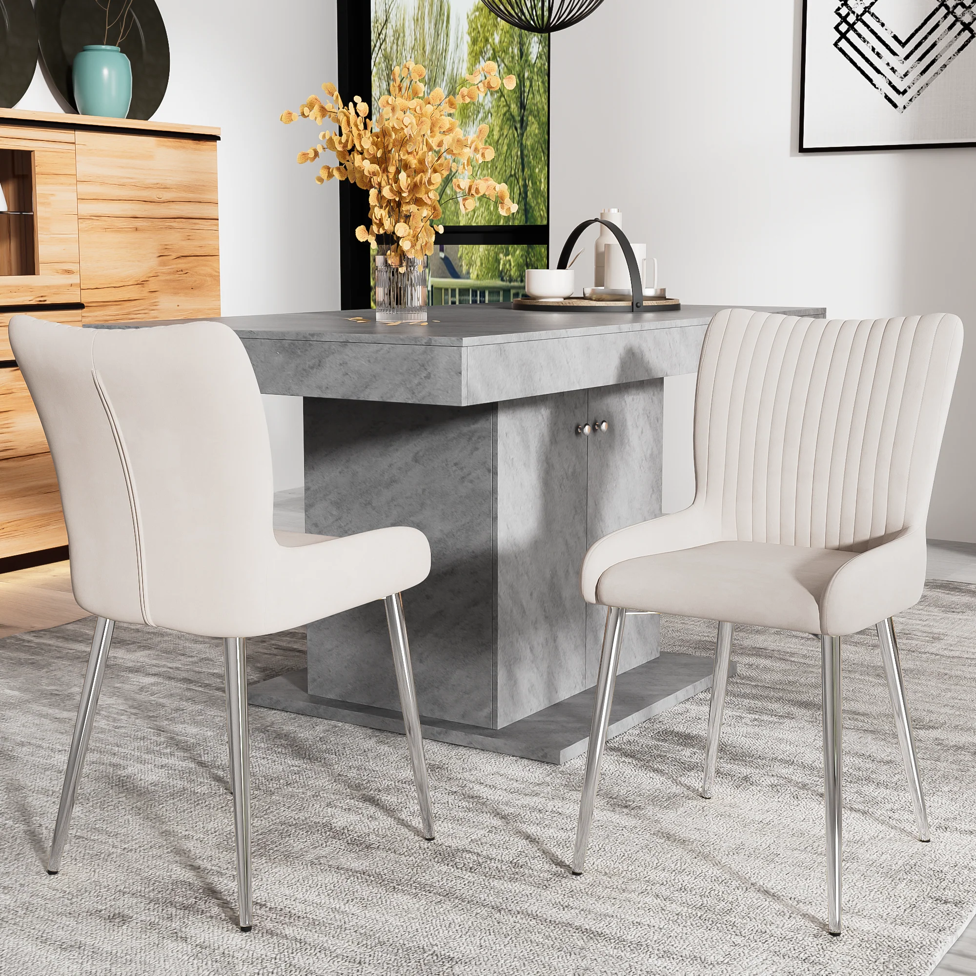 Velvet Dining Chair Set of 2 with Lumbar Support and Silver Metal Legs, Beige - Image 2