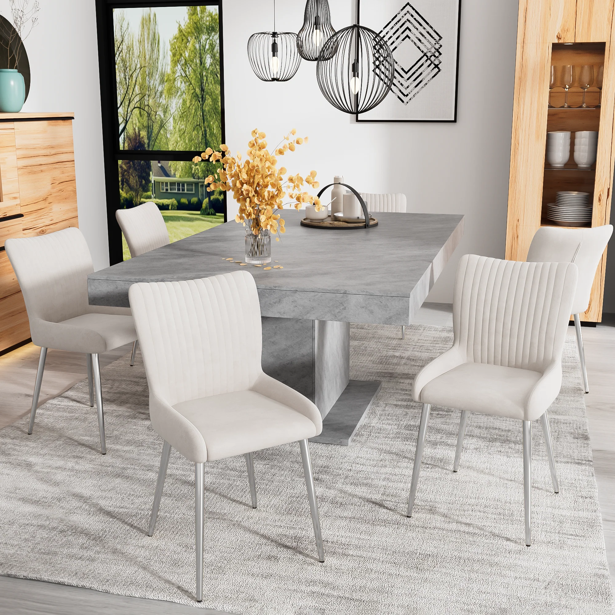 Velvet Dining Chair Set of 2 with Lumbar Support and Silver Metal Legs, Beige - Image 4