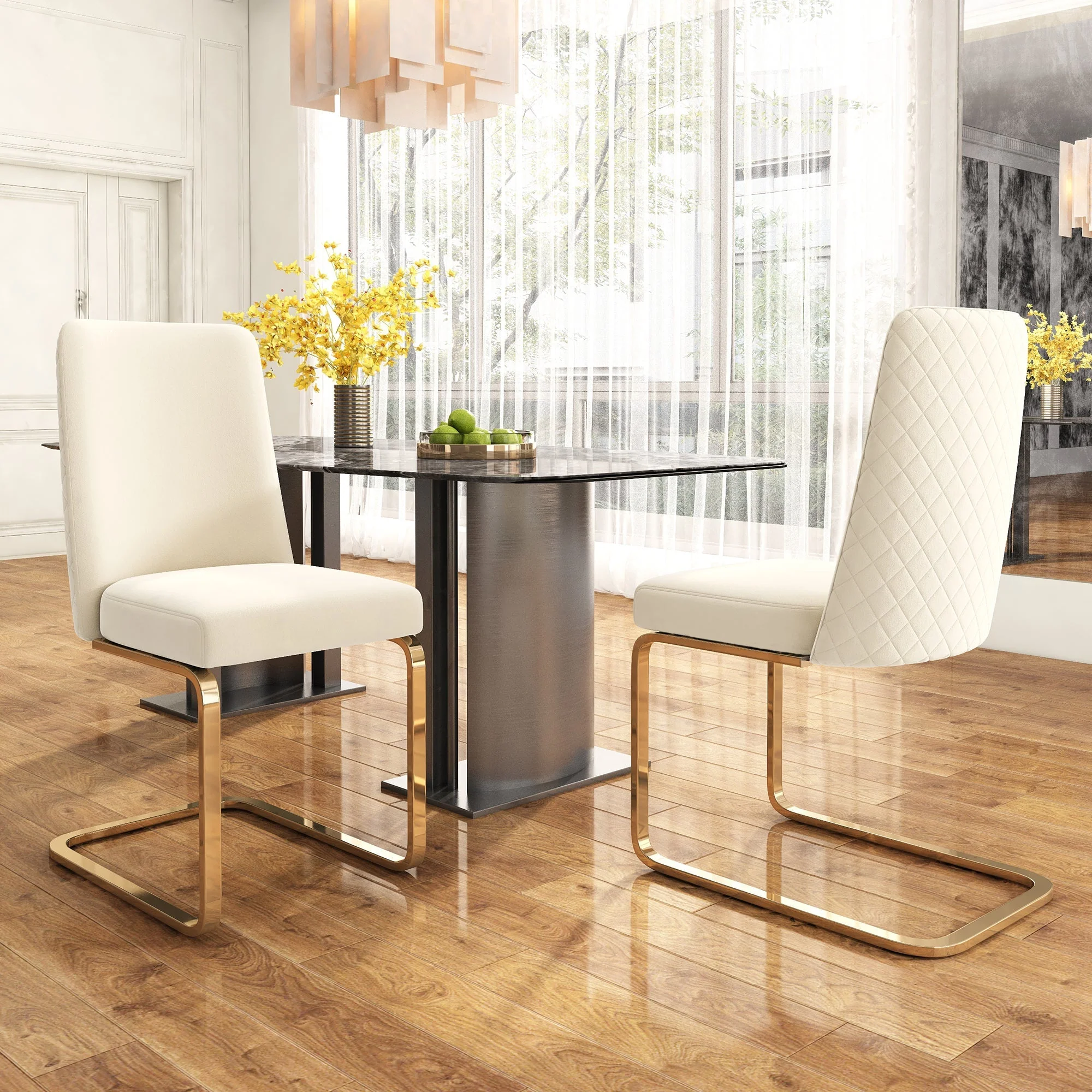 Velvet Dining Chair Set of 4, Diamond Back Design with Gold Metal Legs, Beige - Image 3