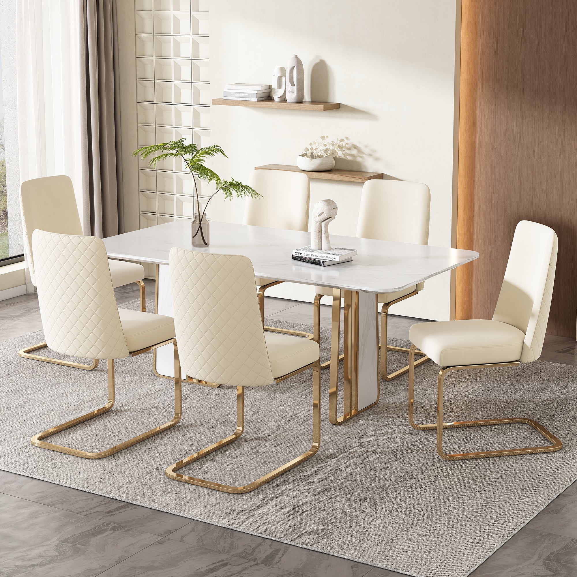 Velvet Dining Chair Set of 4, Diamond Back Design with Gold Metal Legs, Beige - Image 5