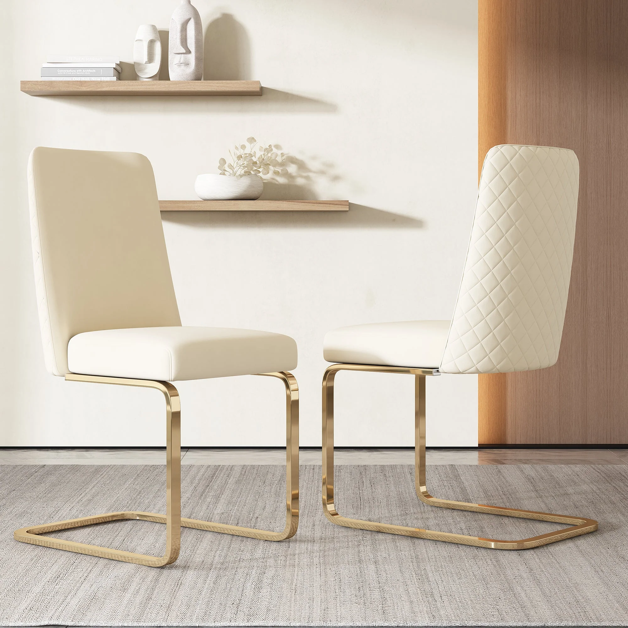 Velvet Dining Chair Set of 4, Diamond Back Design with Gold Metal Legs, Beige - Image 6
