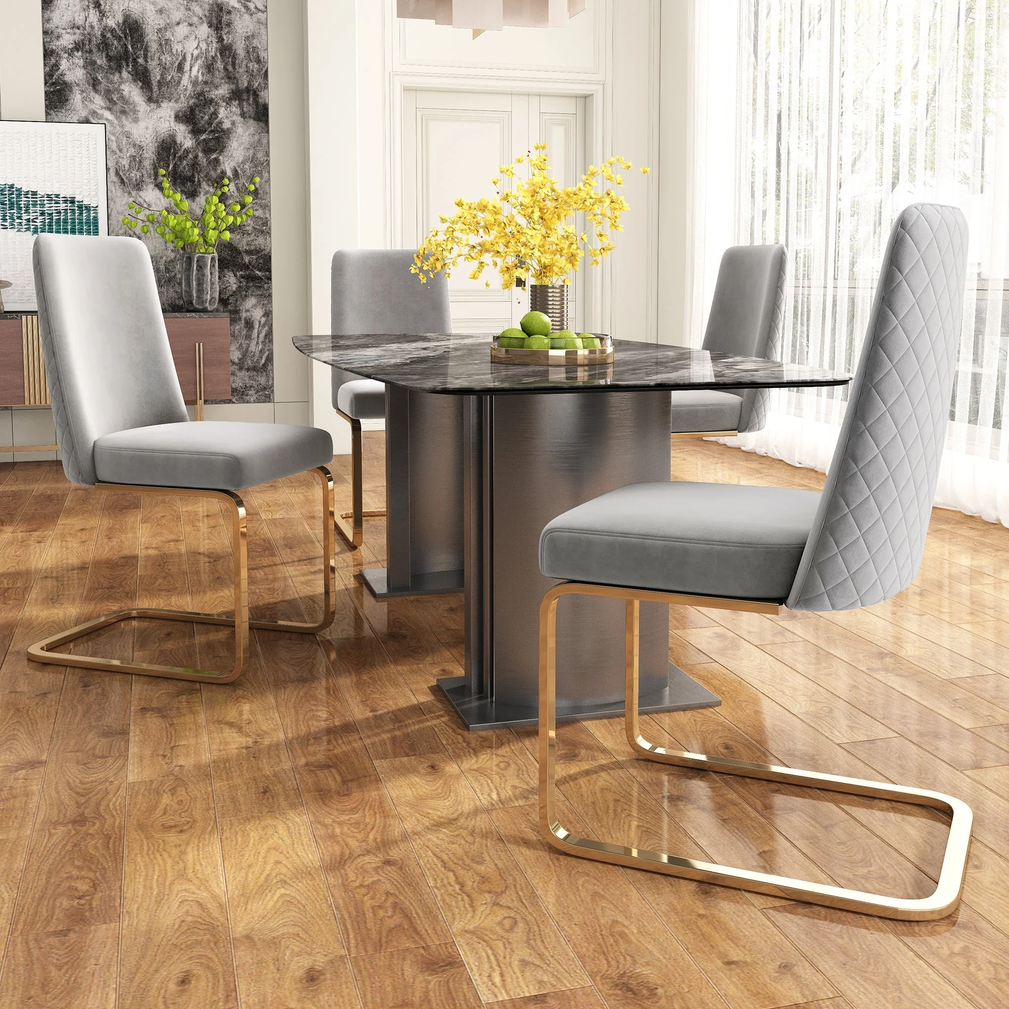 Velvet Dining Chair Set of 4, Diamond Back Design with Gold Metal Legs, Grey