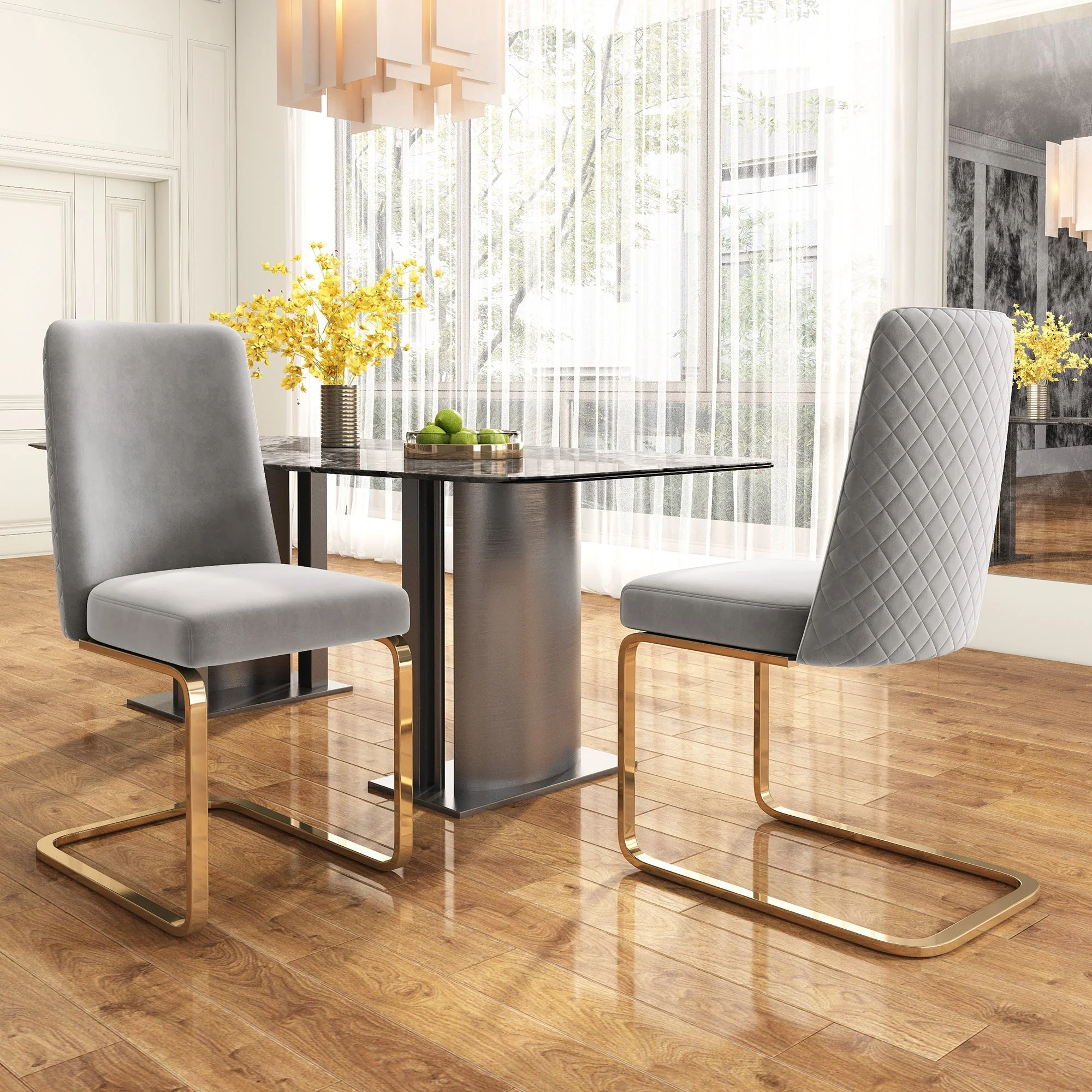 Velvet Dining Chair Set of 4, Diamond Back Design with Gold Metal Legs, Grey - Image 2