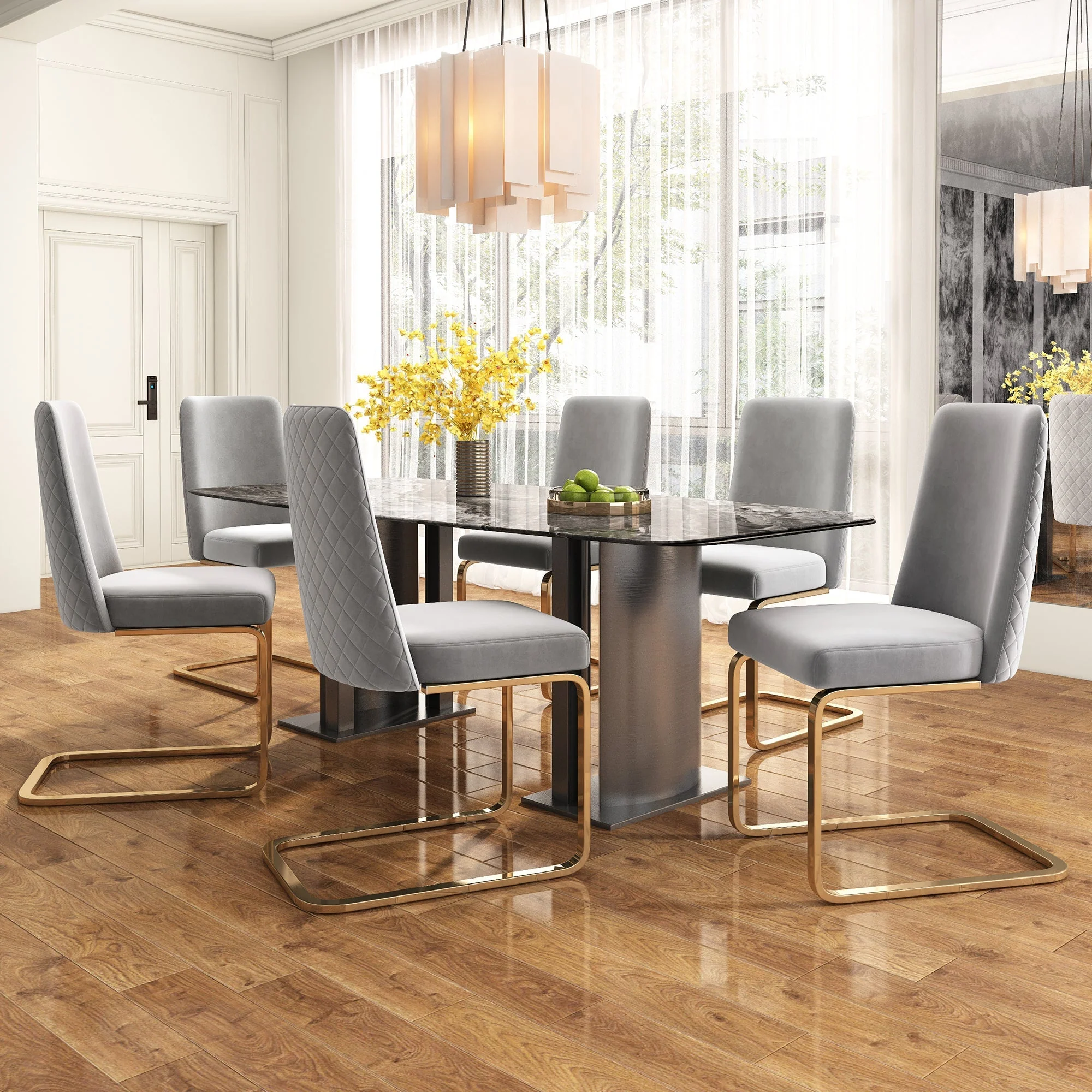 Velvet Dining Chair Set of 4, Diamond Back Design with Gold Metal Legs, Grey - Image 3