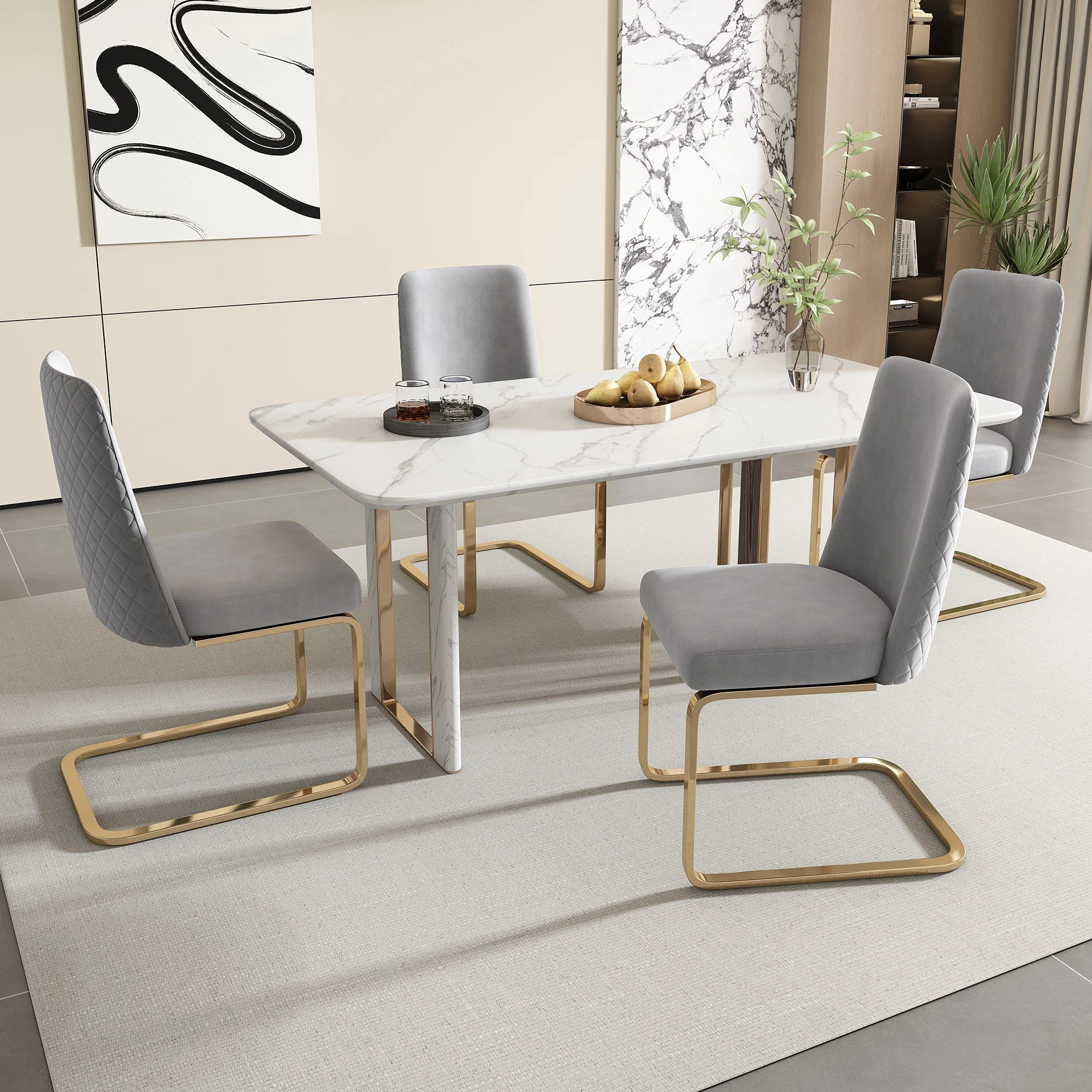 Velvet Dining Chair Set of 4, Diamond Back Design with Gold Metal Legs, Grey - Image 4