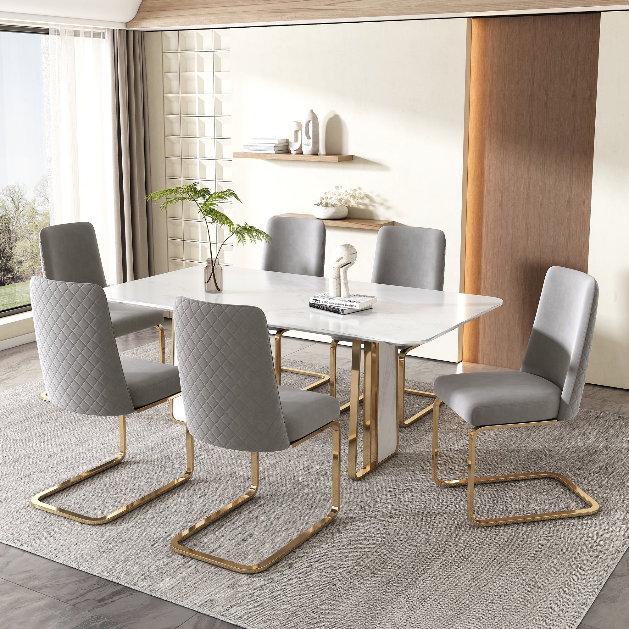 Velvet Dining Chair Set of 4, Diamond Back Design with Gold Metal Legs, Grey - Image 6