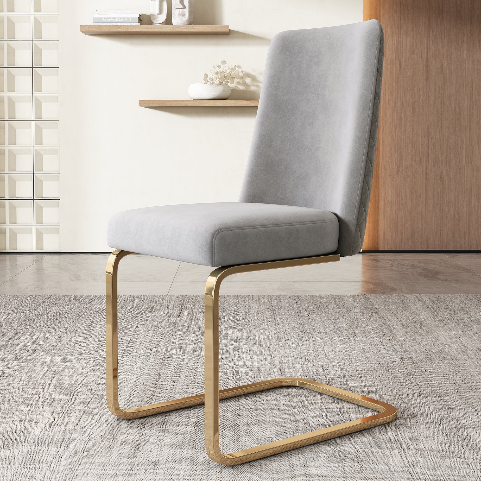 Velvet Dining Chair Set of 4, Diamond Back Design with Gold Metal Legs, Grey - Image 7