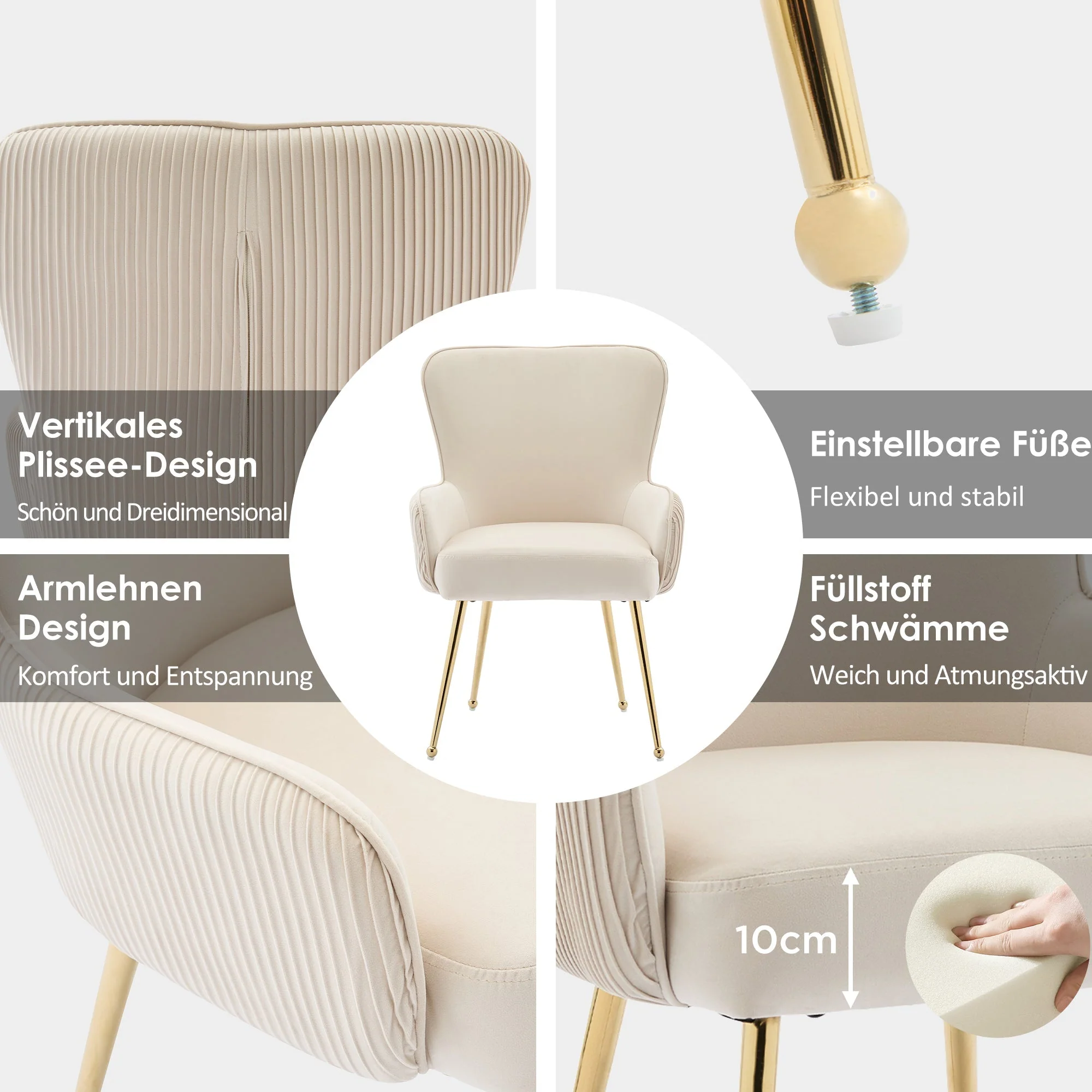 Velvet Dining Chair Set of 4 Gold Metal Legs Armrests Lumbar Support - Beige - Image 4