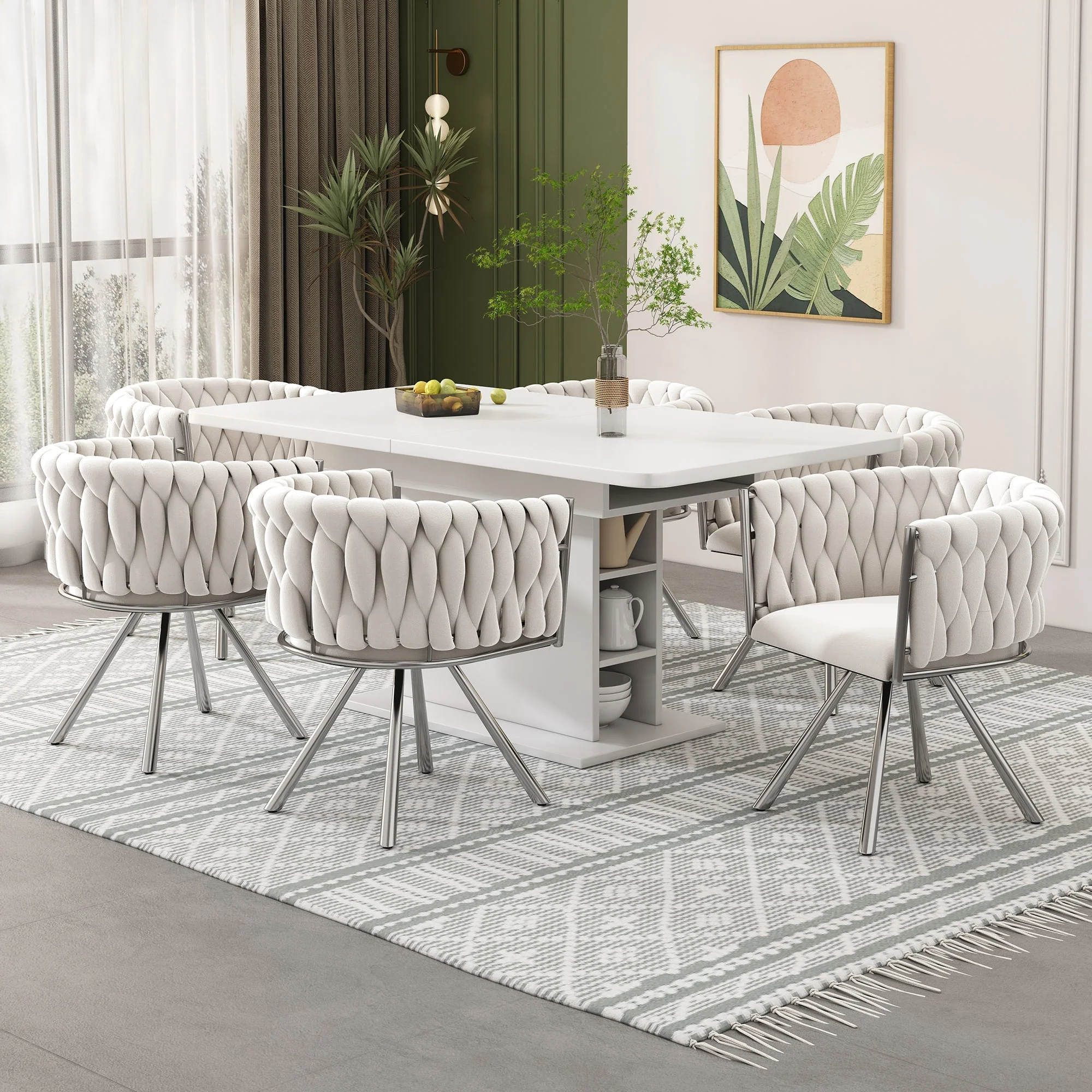 Velvet Dining Chair, Set of 4 Luxury Swivel Leisure Chairs with Metal Legs, Beige and Silver - Image 2