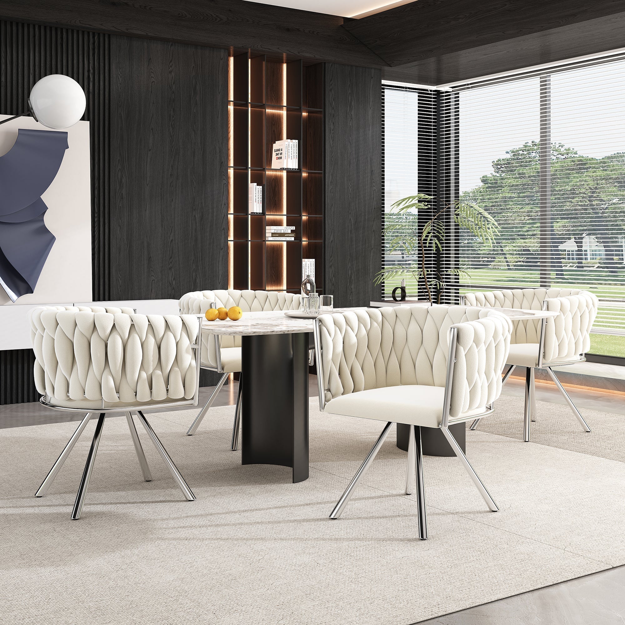 Velvet Dining Chair, Set of 4 Luxury Swivel Leisure Chairs with Metal Legs, Beige and Silver - Image 4