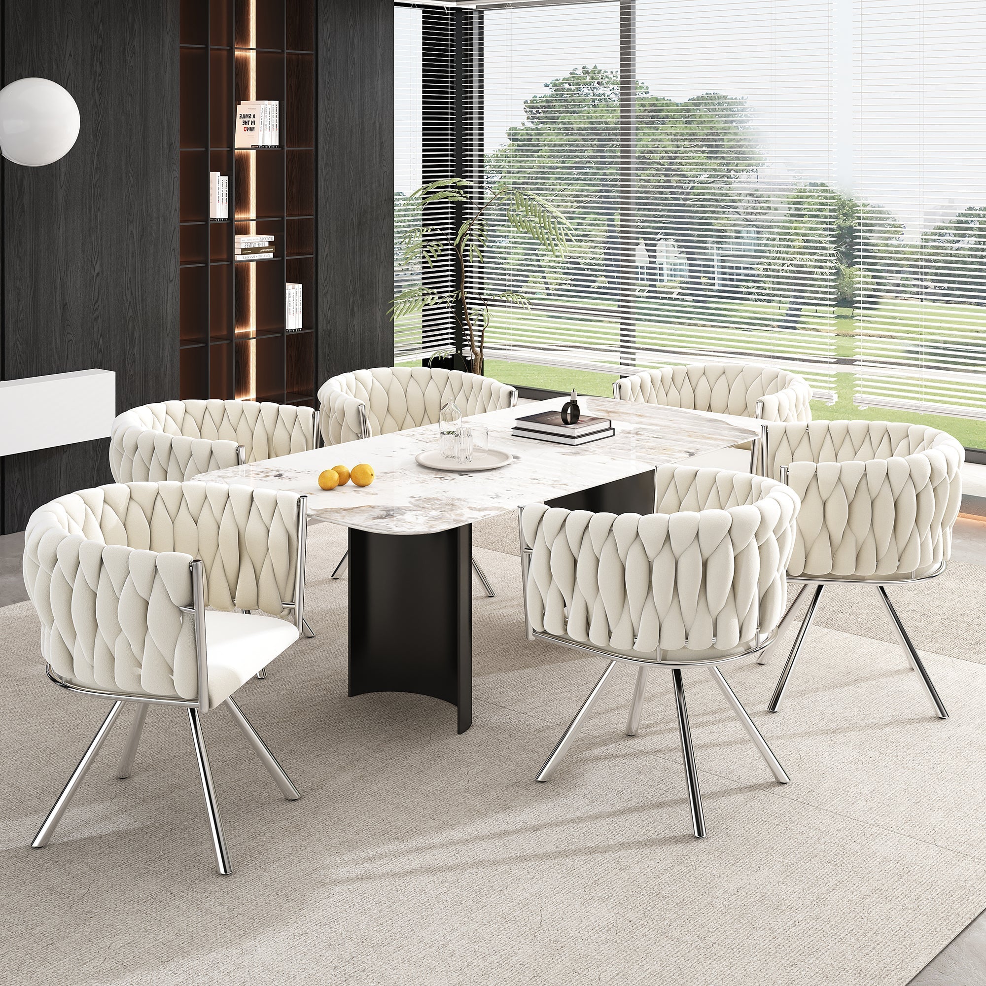 Velvet Dining Chair, Set of 4 Luxury Swivel Leisure Chairs with Metal Legs, Beige and Silver - Image 6