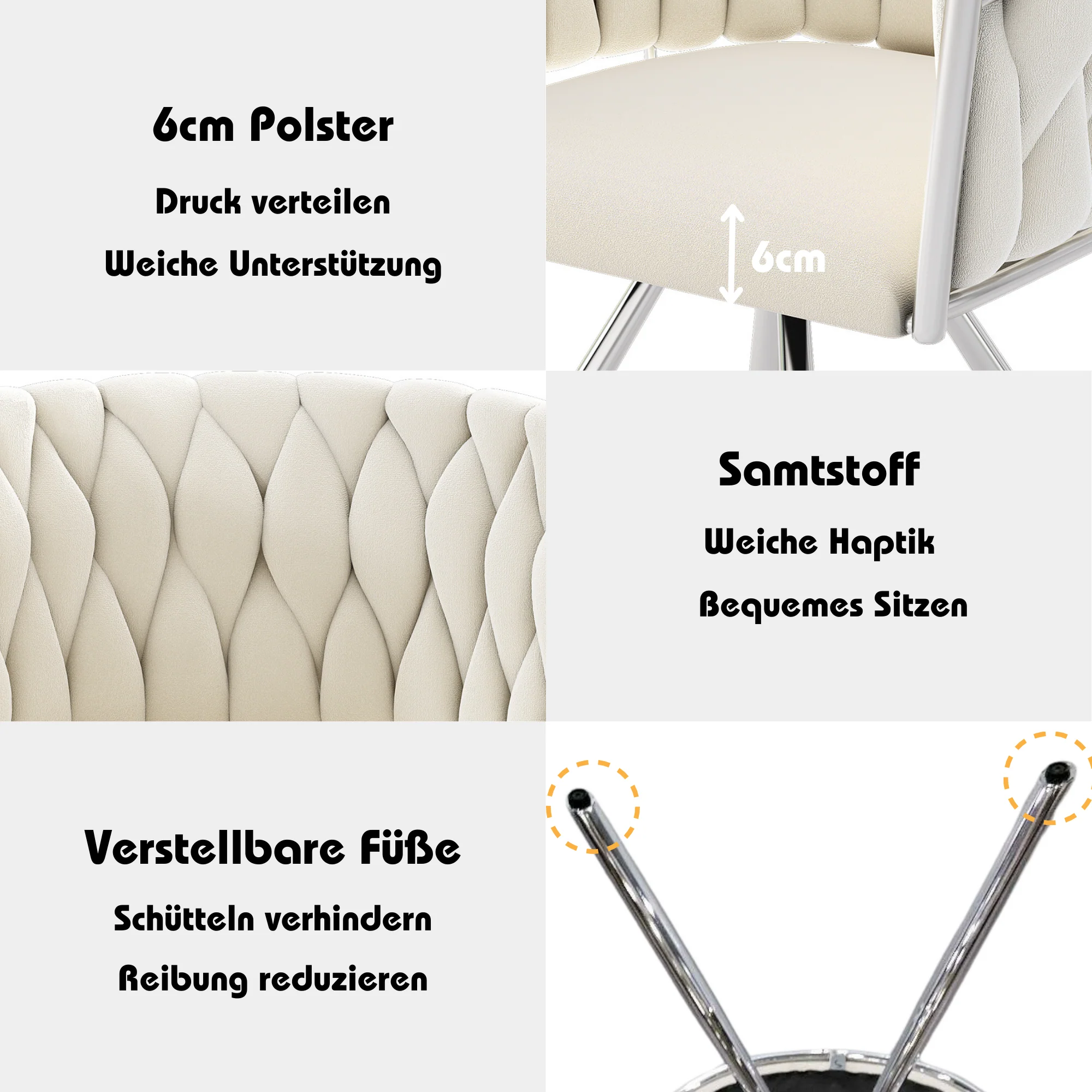 Velvet Dining Chair, Set of 4 Luxury Swivel Leisure Chairs with Metal Legs, Beige and Silver - Image 7