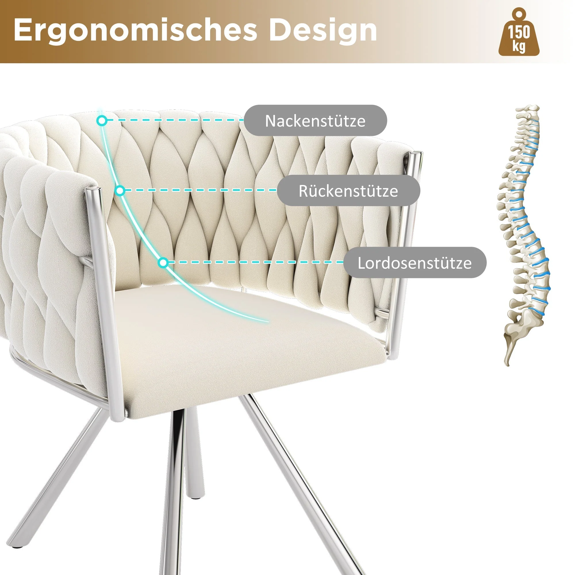Velvet Dining Chair, Set of 4 Luxury Swivel Leisure Chairs with Metal Legs, Beige and Silver - Image 8