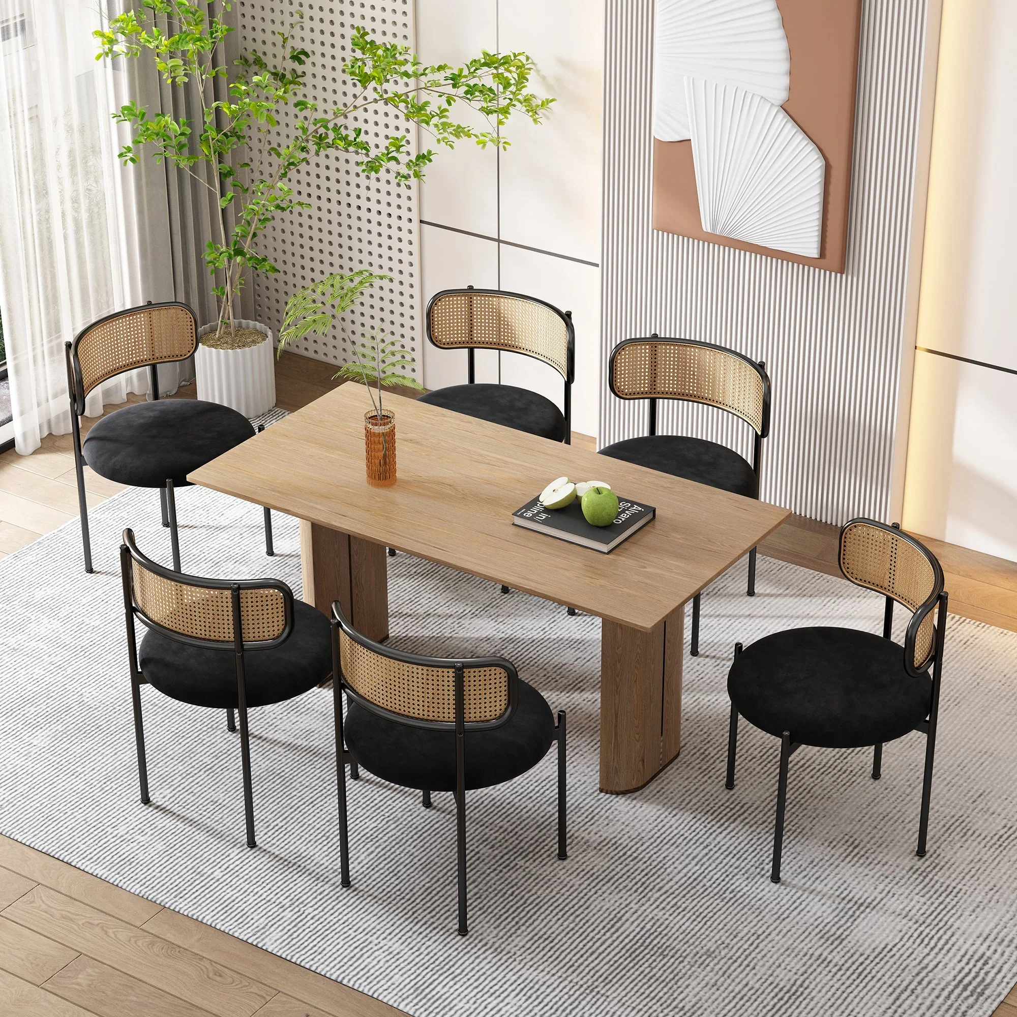 Velvet Dining Chair Set of 4 Rattan Metal Legs - Black - Image 3