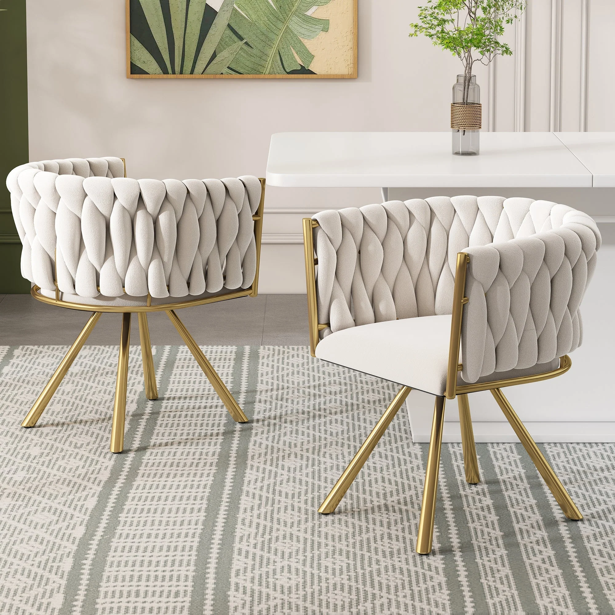 Velvet Dining Chair Set of 4 Swivel Metal Legs - Beige and Gold - Image 2