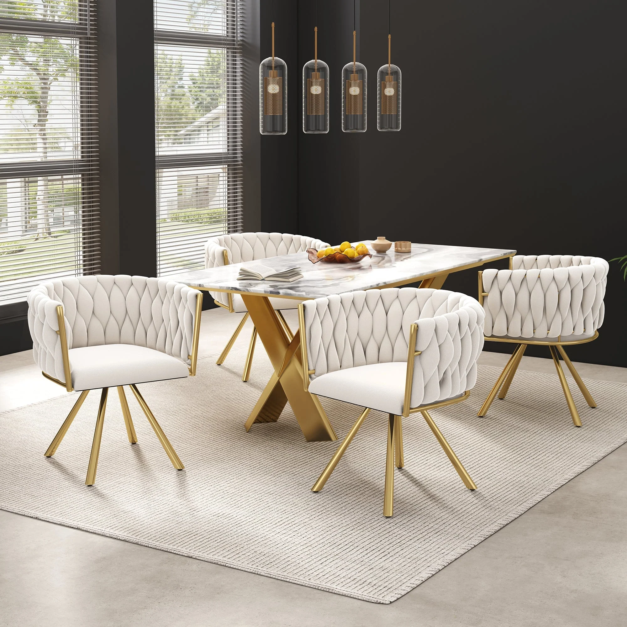 Velvet Dining Chair Set of 4 Swivel Metal Legs - Beige and Gold - Image 4