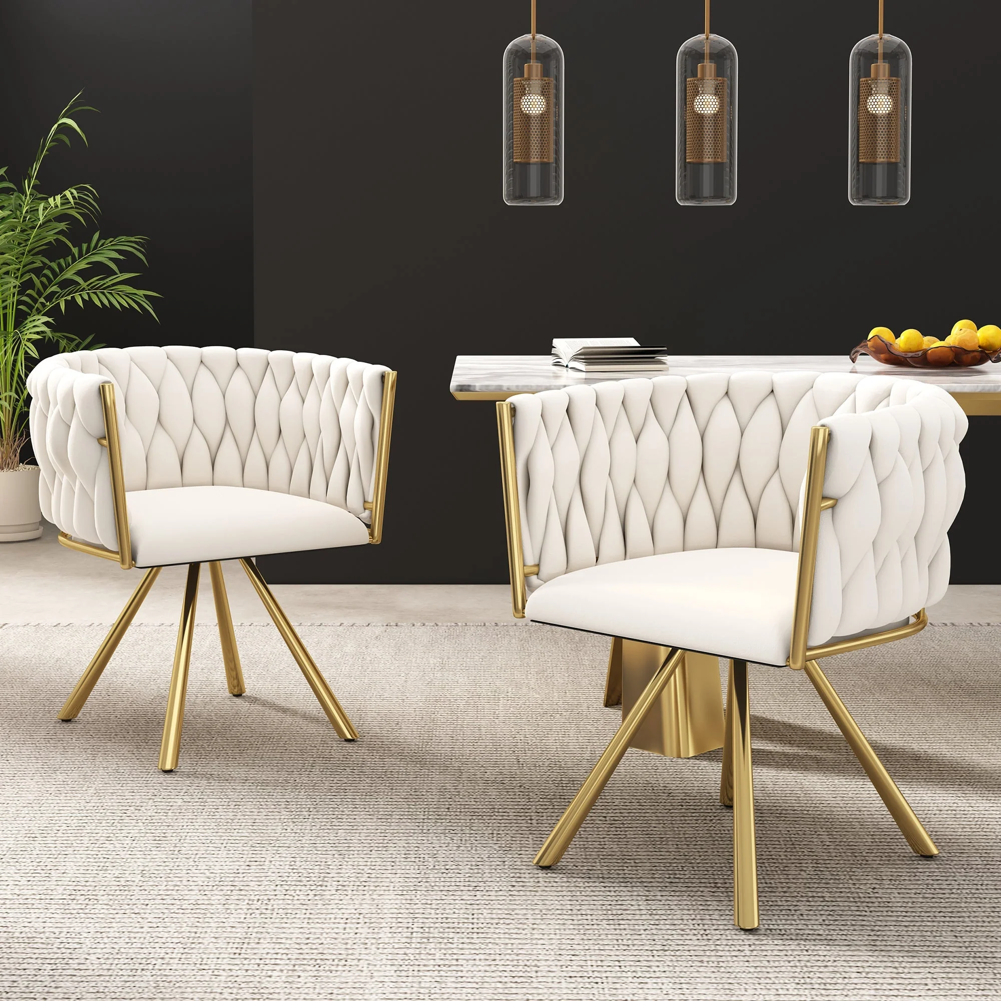 Velvet Dining Chair Set of 4 Swivel Metal Legs - Beige and Gold - Image 5