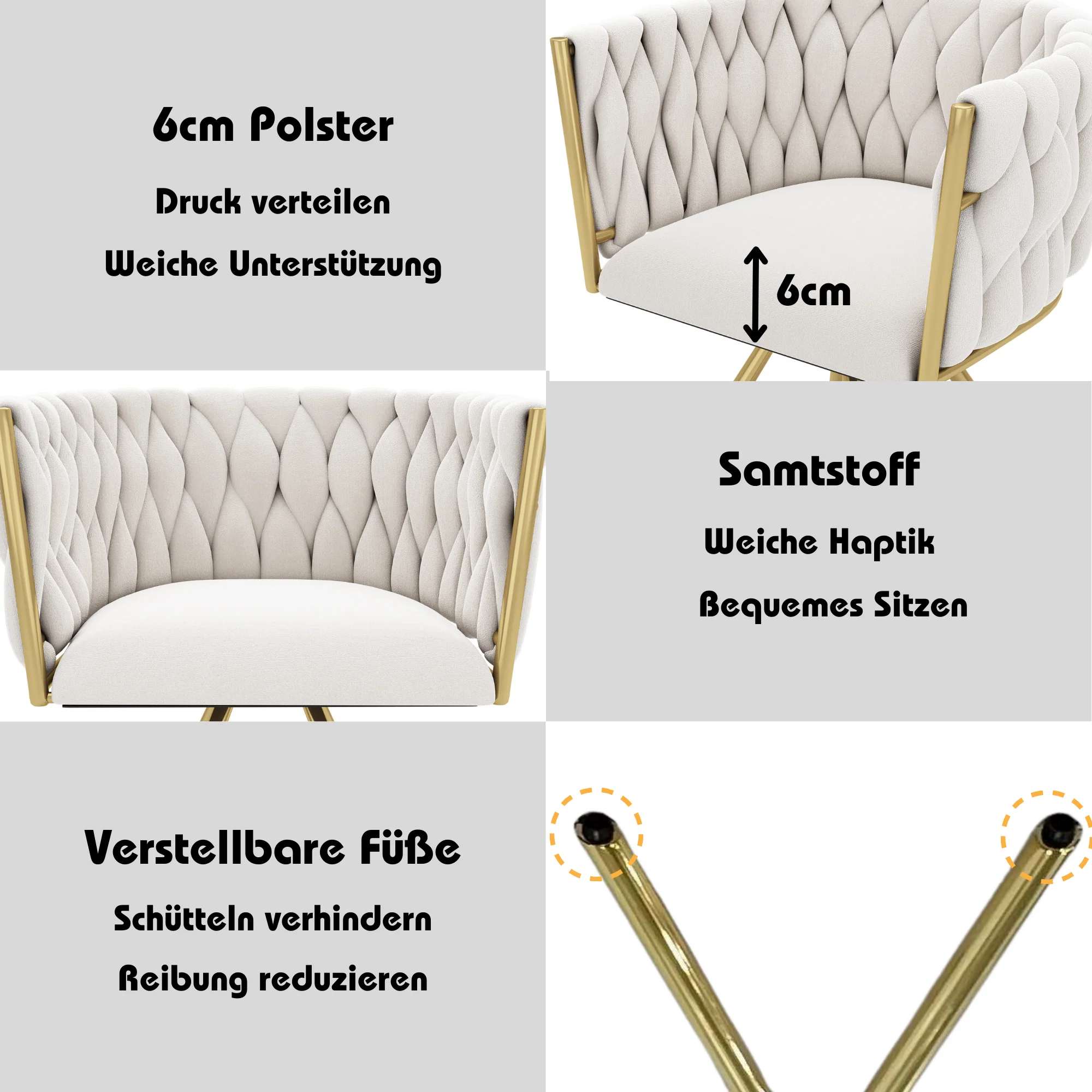 Velvet Dining Chair Set of 4 Swivel Metal Legs - Beige and Gold - Image 7