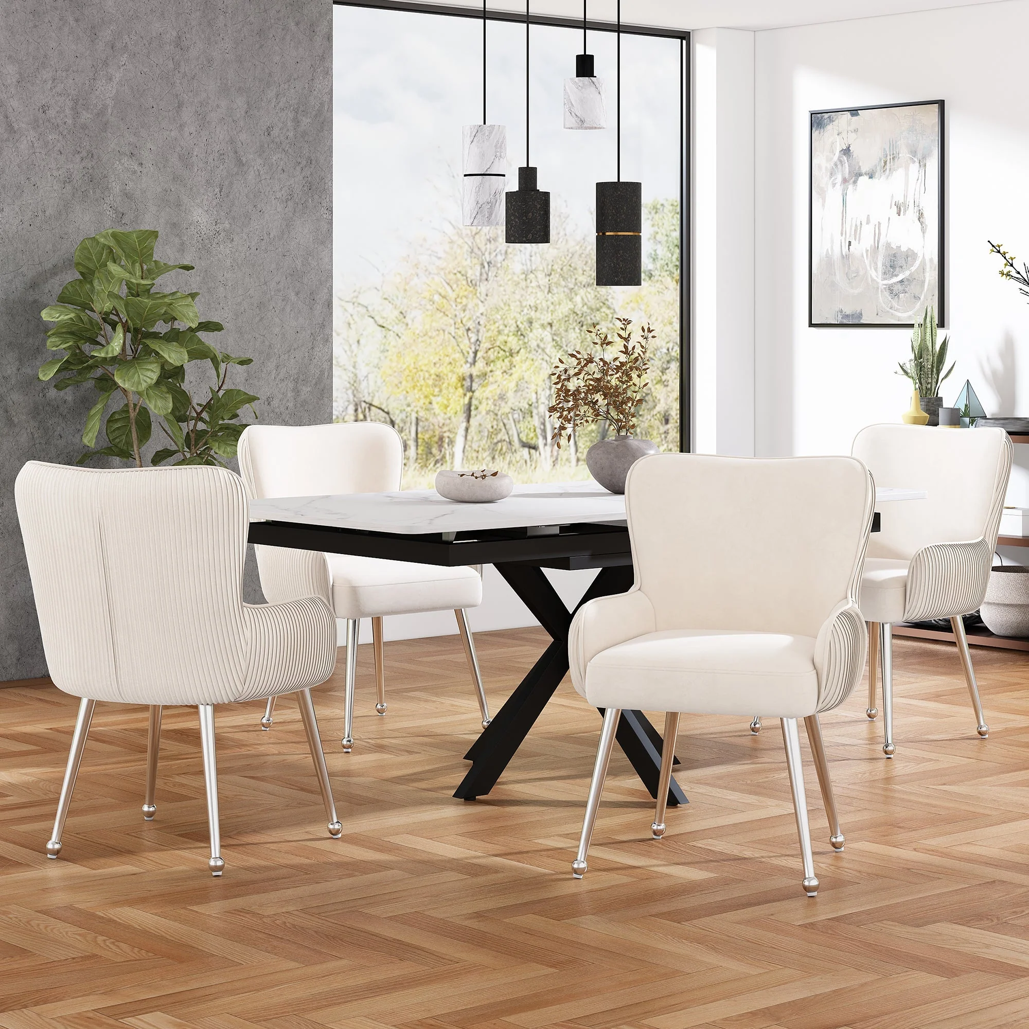 Velvet Dining Chair Set of 4 with Armrests and Silver Metal Legs, Beige Velvet