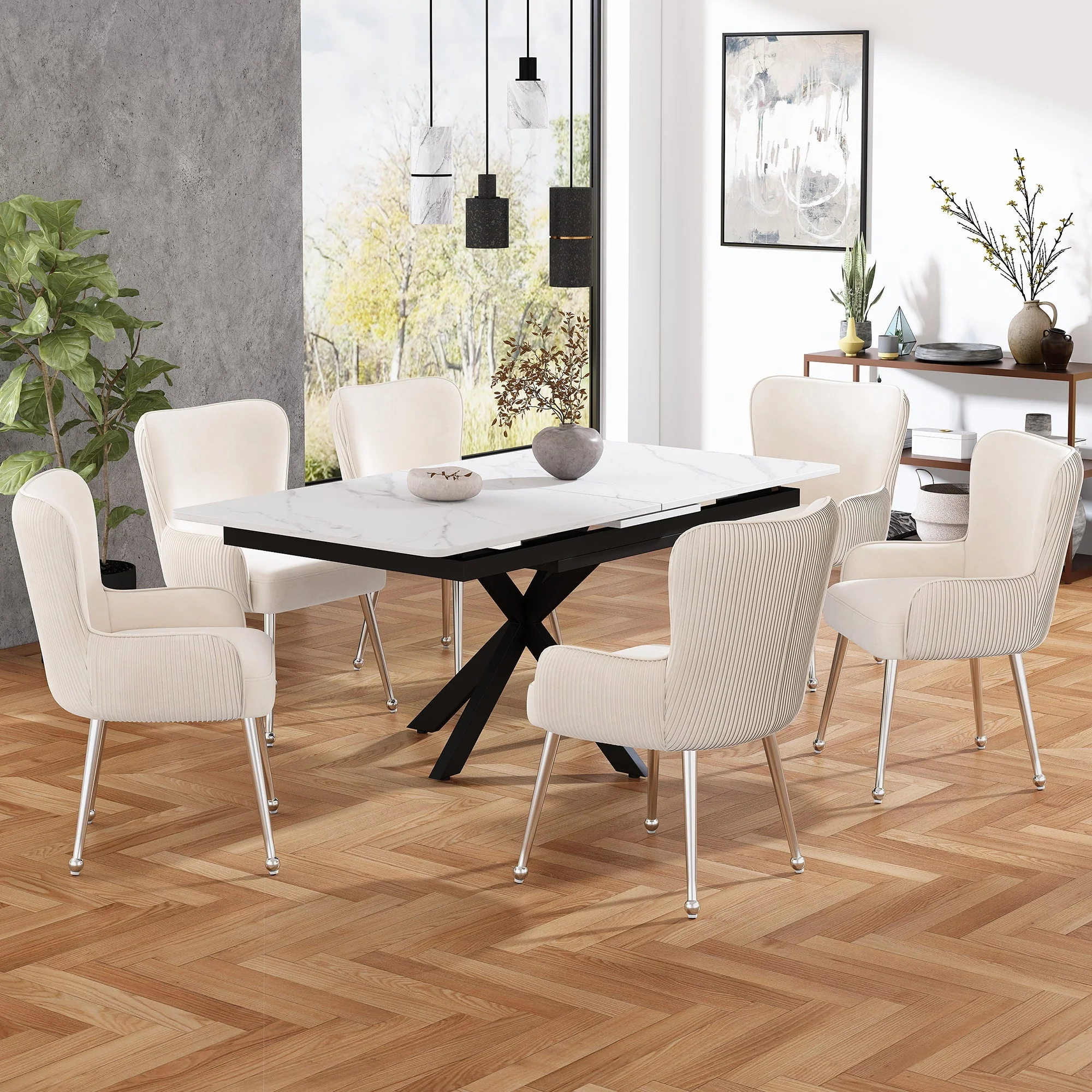 Velvet Dining Chair Set of 4 with Armrests and Silver Metal Legs, Beige Velvet - Image 2