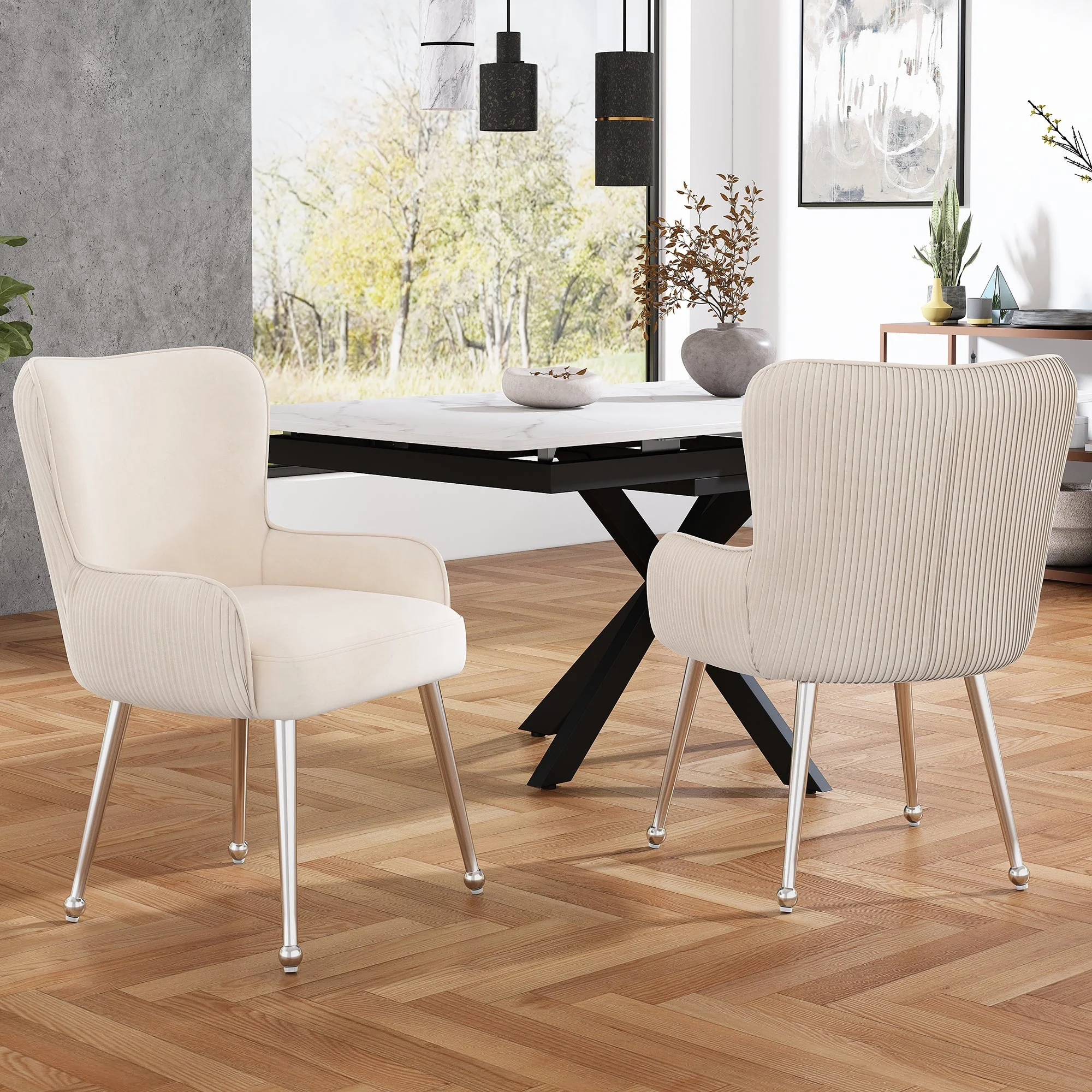 Velvet Dining Chair Set of 4 with Armrests and Silver Metal Legs, Beige Velvet - Image 3