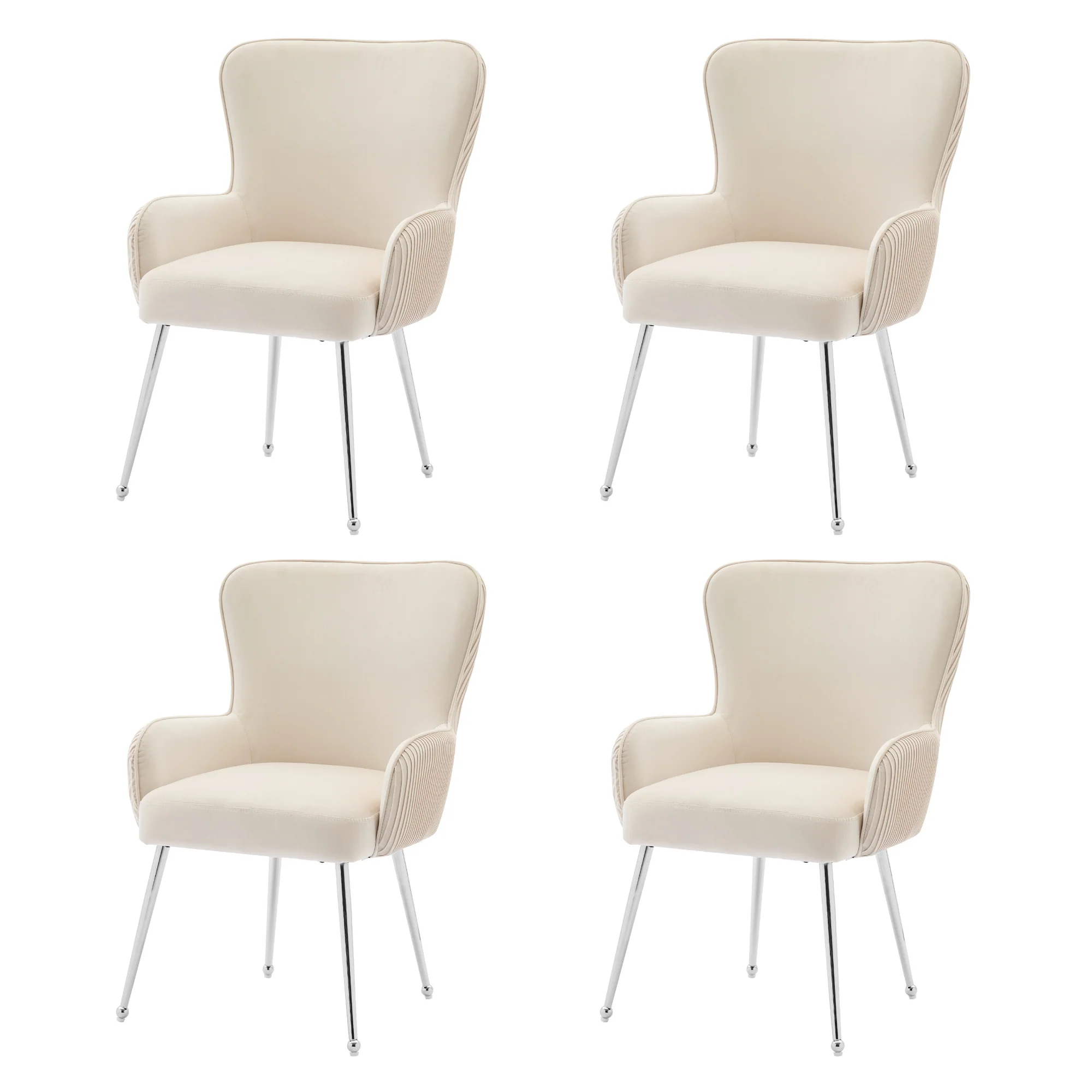 Velvet Dining Chair Set of 4 with Armrests and Silver Metal Legs, Beige Velvet - Image 7