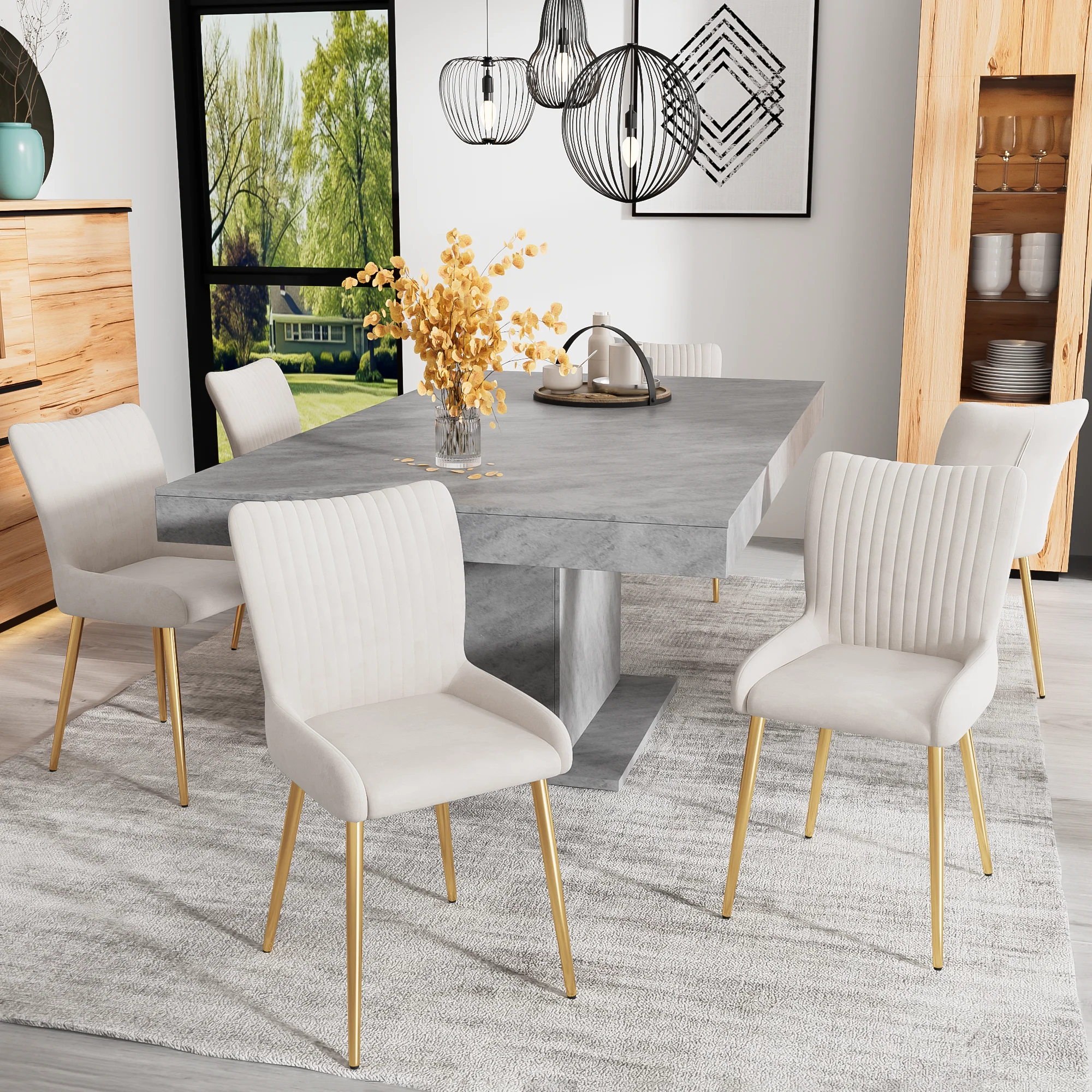 Velvet Dining Chair, Set of 4 with Gold Metal Legs and Lumbar Support, Beige - Image 2