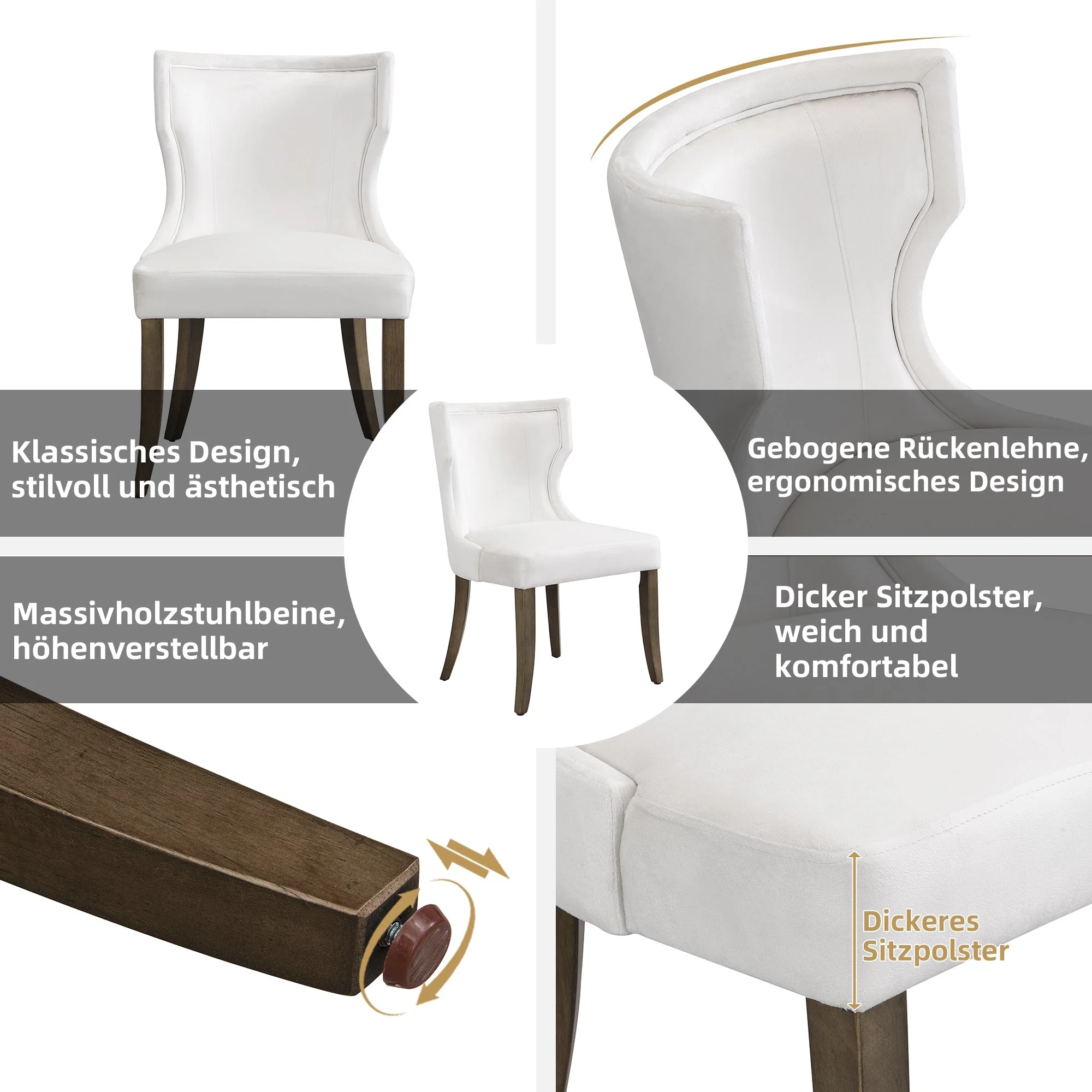 Velvet Dining Chair, Set of 4 with Solid Wood Legs and Thick Cushion, Beige Velvet - Image 6