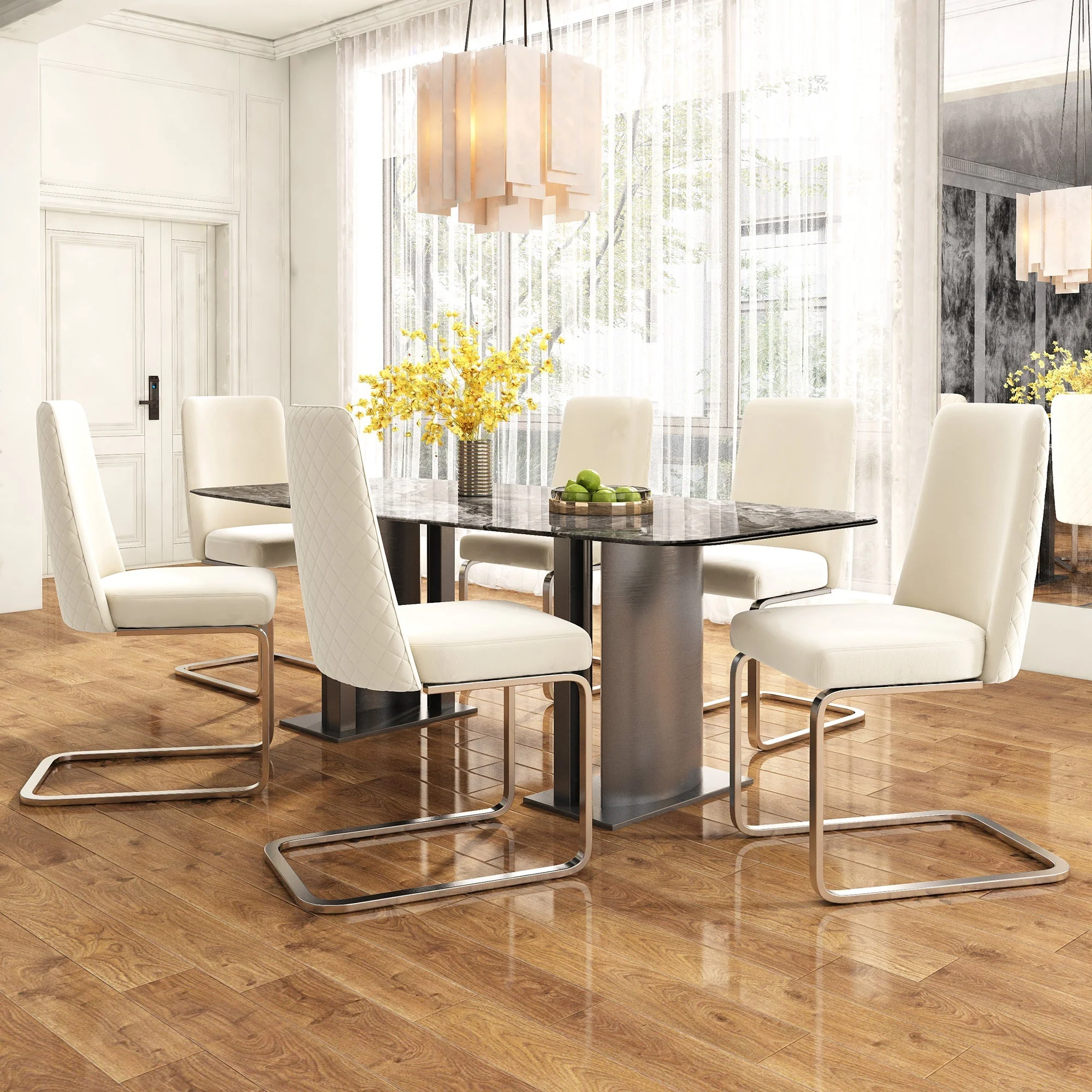 Velvet Dining Chair Set of 6, Diamond Back Design with Silver Metal Legs, Beige Velvet