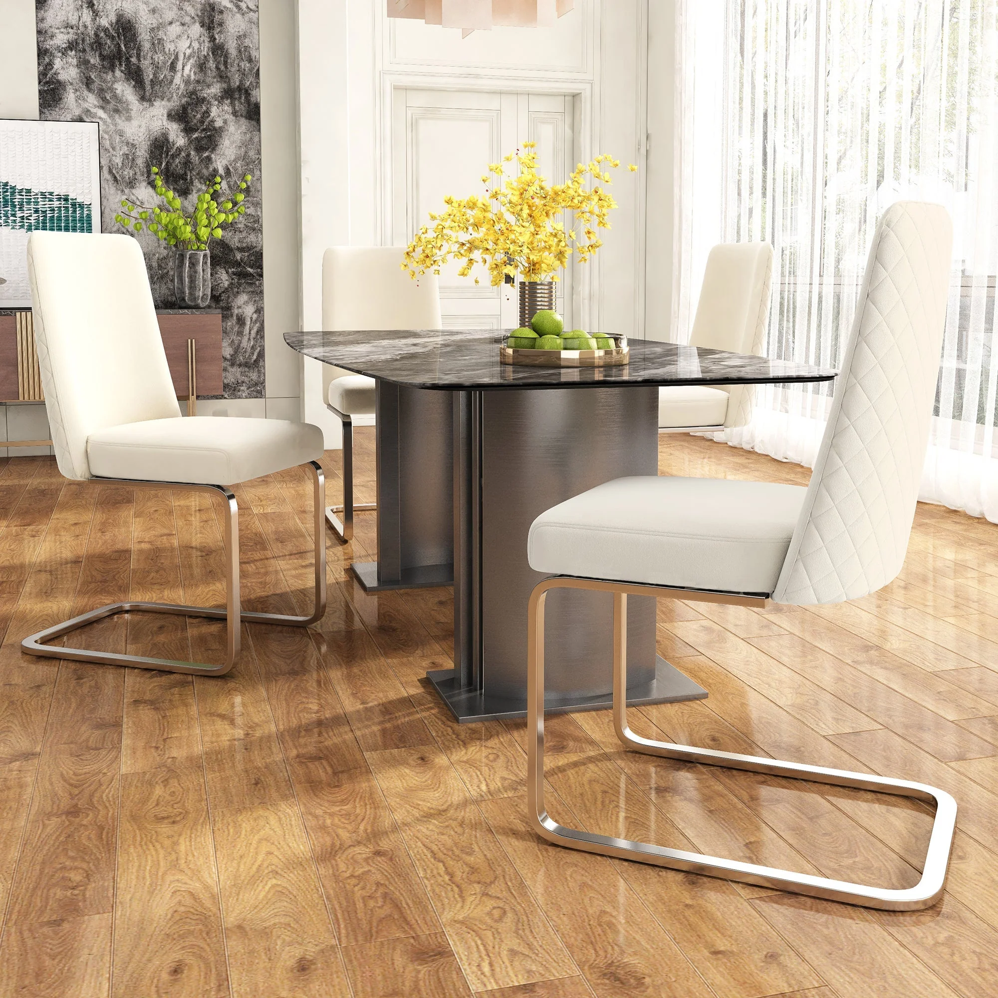 Velvet Dining Chair Set of 6, Diamond Back Design with Silver Metal Legs, Beige Velvet - Image 2