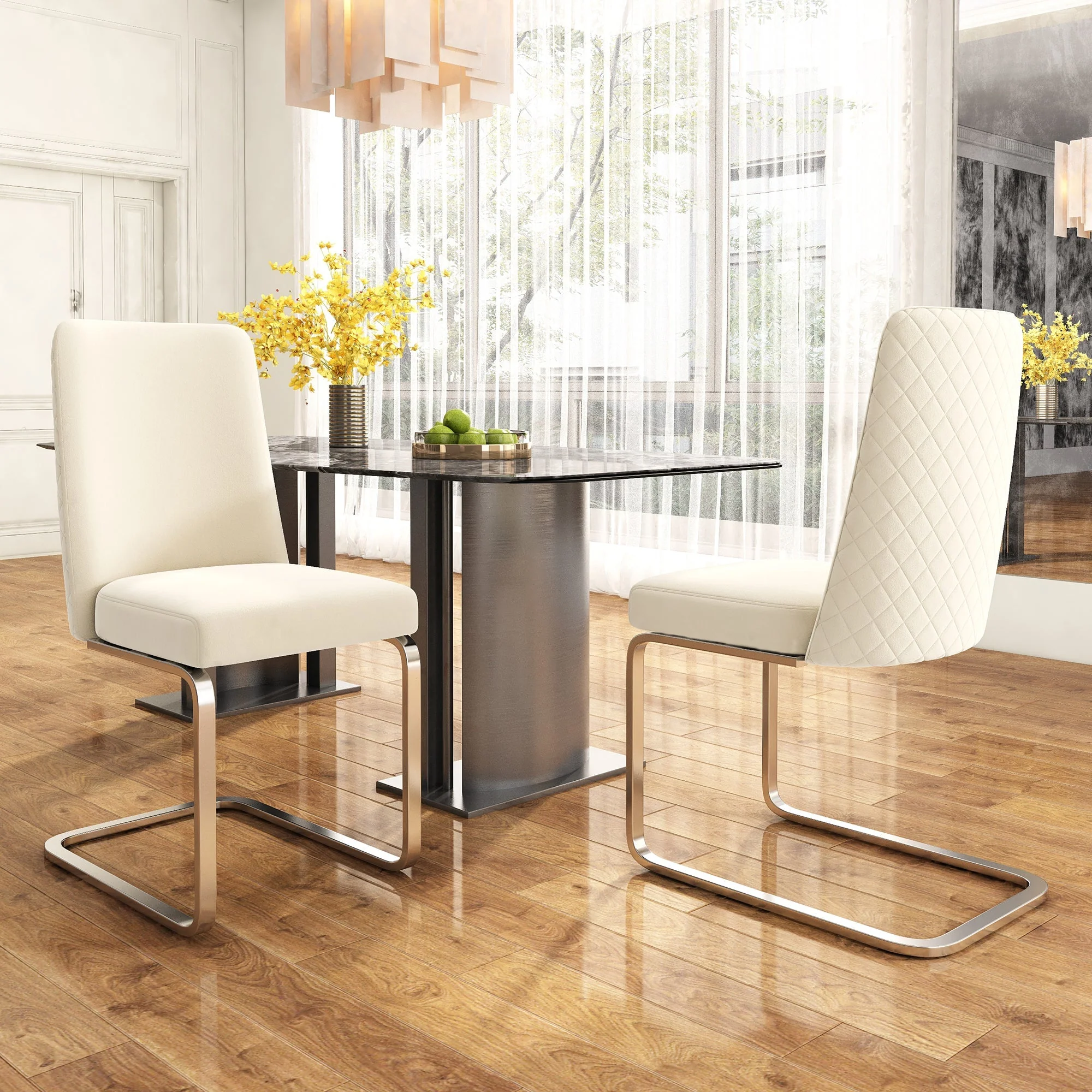 Velvet Dining Chair Set of 6, Diamond Back Design with Silver Metal Legs, Beige Velvet - Image 3